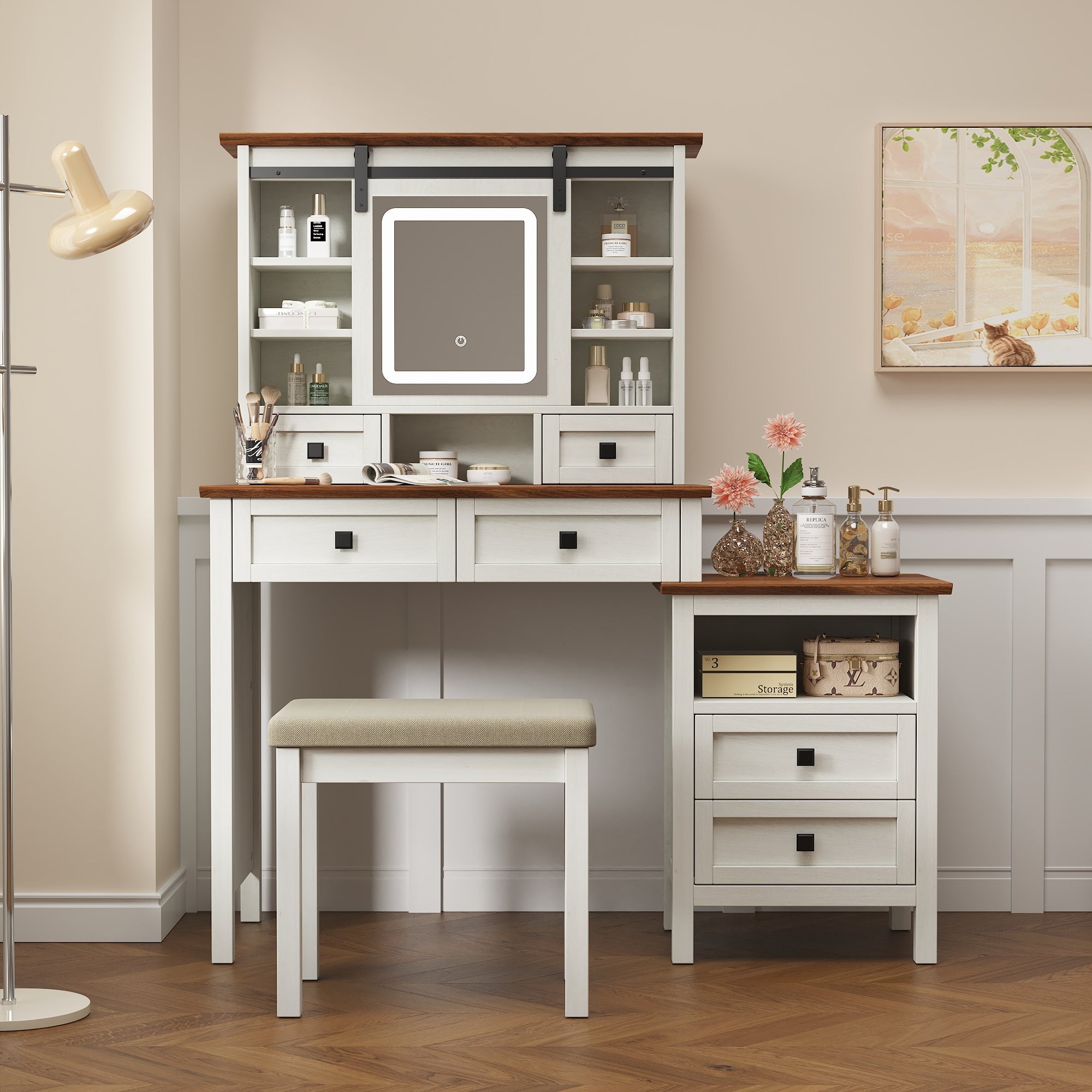 46.5-inch dressing table with adjustable LED lighting mirror and charging station, equipped with soft cushioned stool