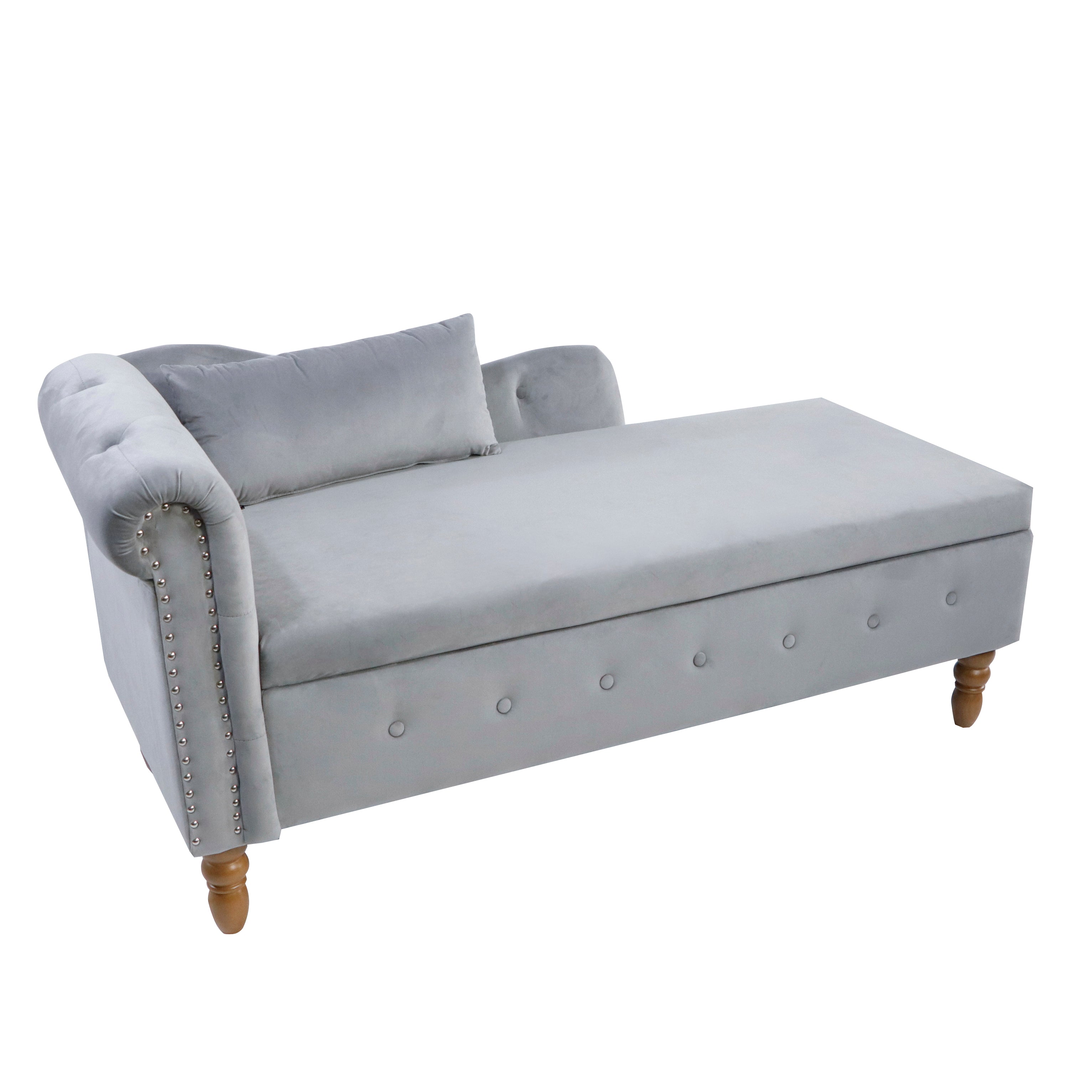 Grey Chaise Lounge Indoor Velvet Lounge Chair for Bedroom with Storage & Pillow Modern Upholstered Rolled Arm Chase Lounge