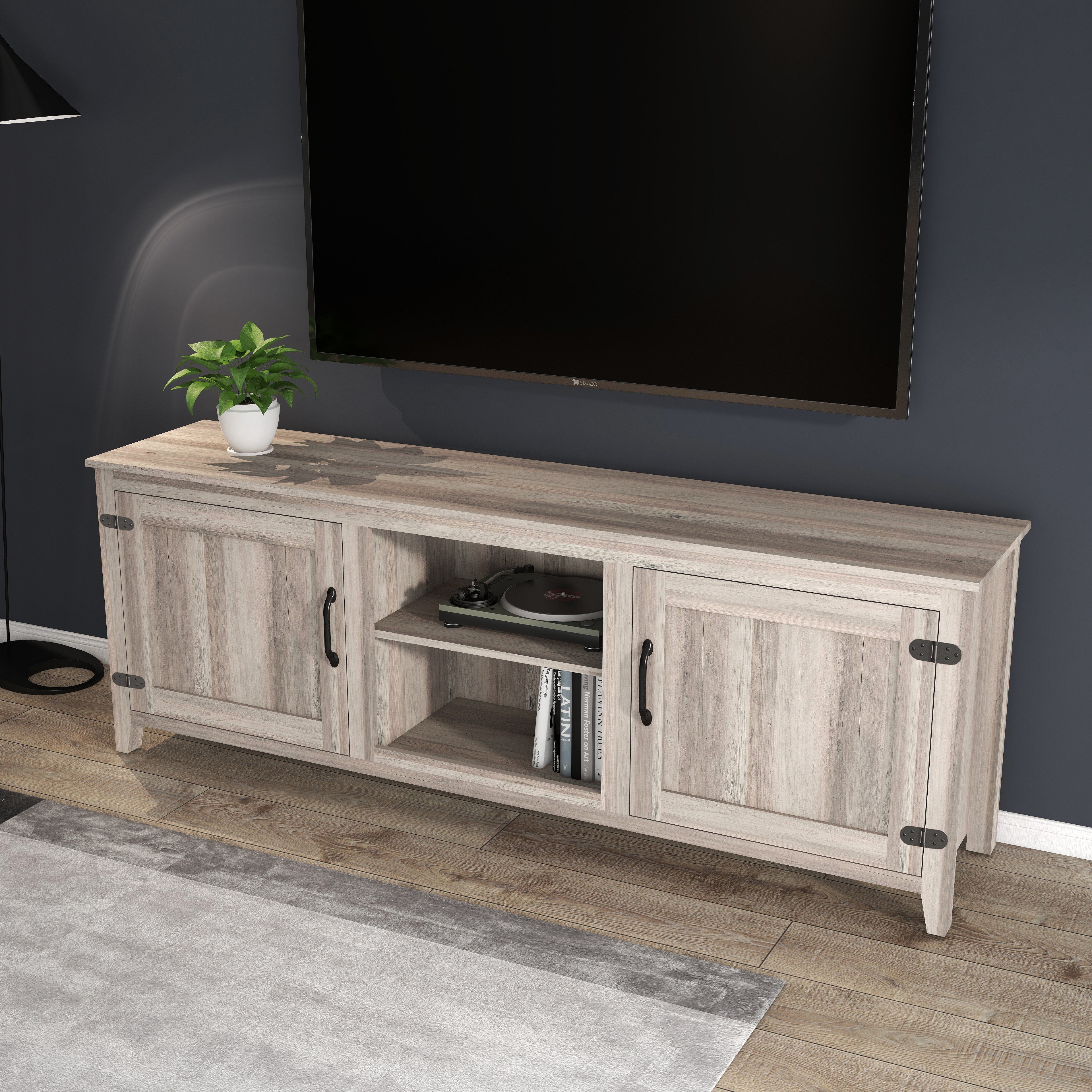 TV Stand Storage Media Console Entertainment Center With Two Doors Grey Walnut