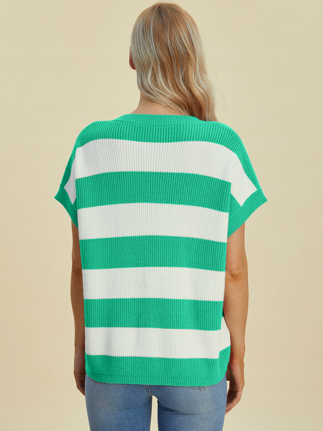 Striped V-neck short sleeve sweater