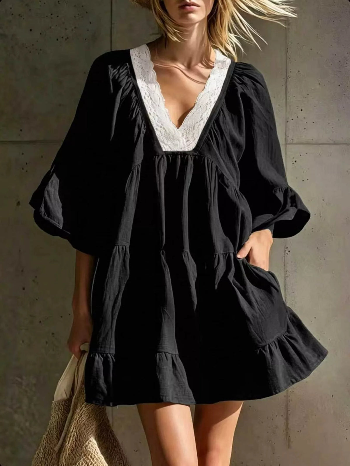 Lace-trim puff-sleeve dress – black