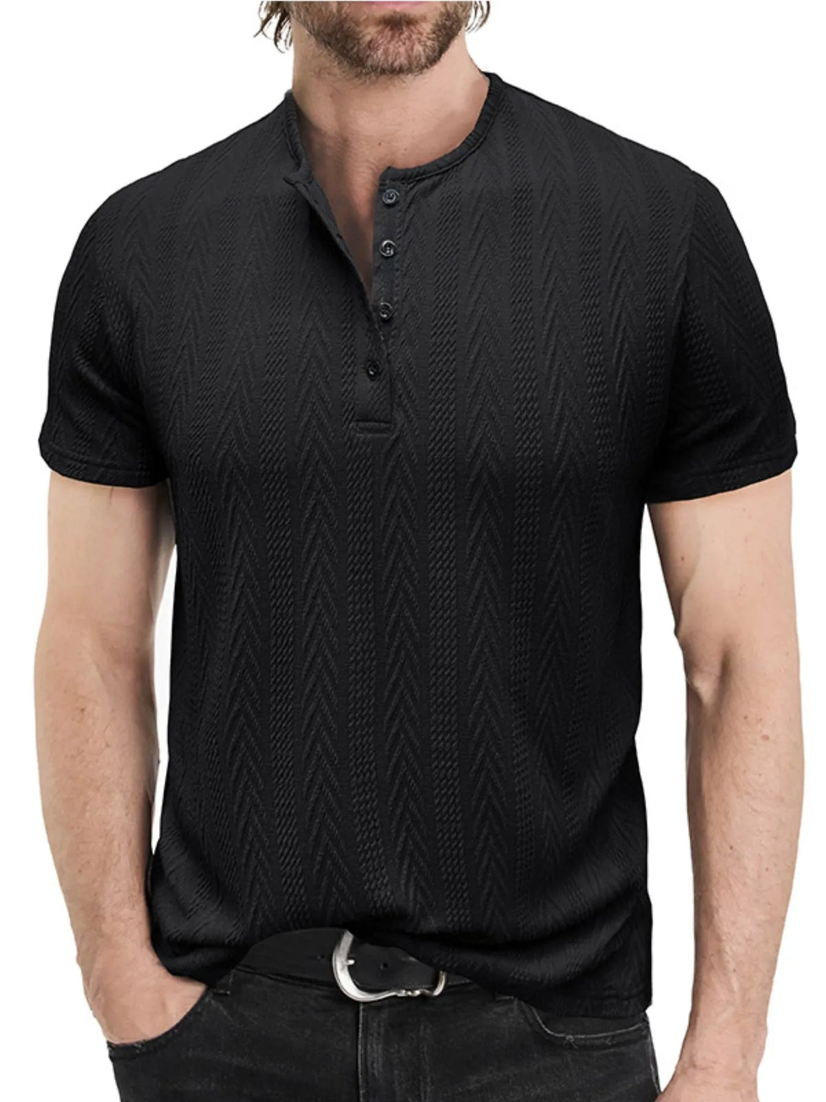 Textured chevron pattern henley polo shirt, Black