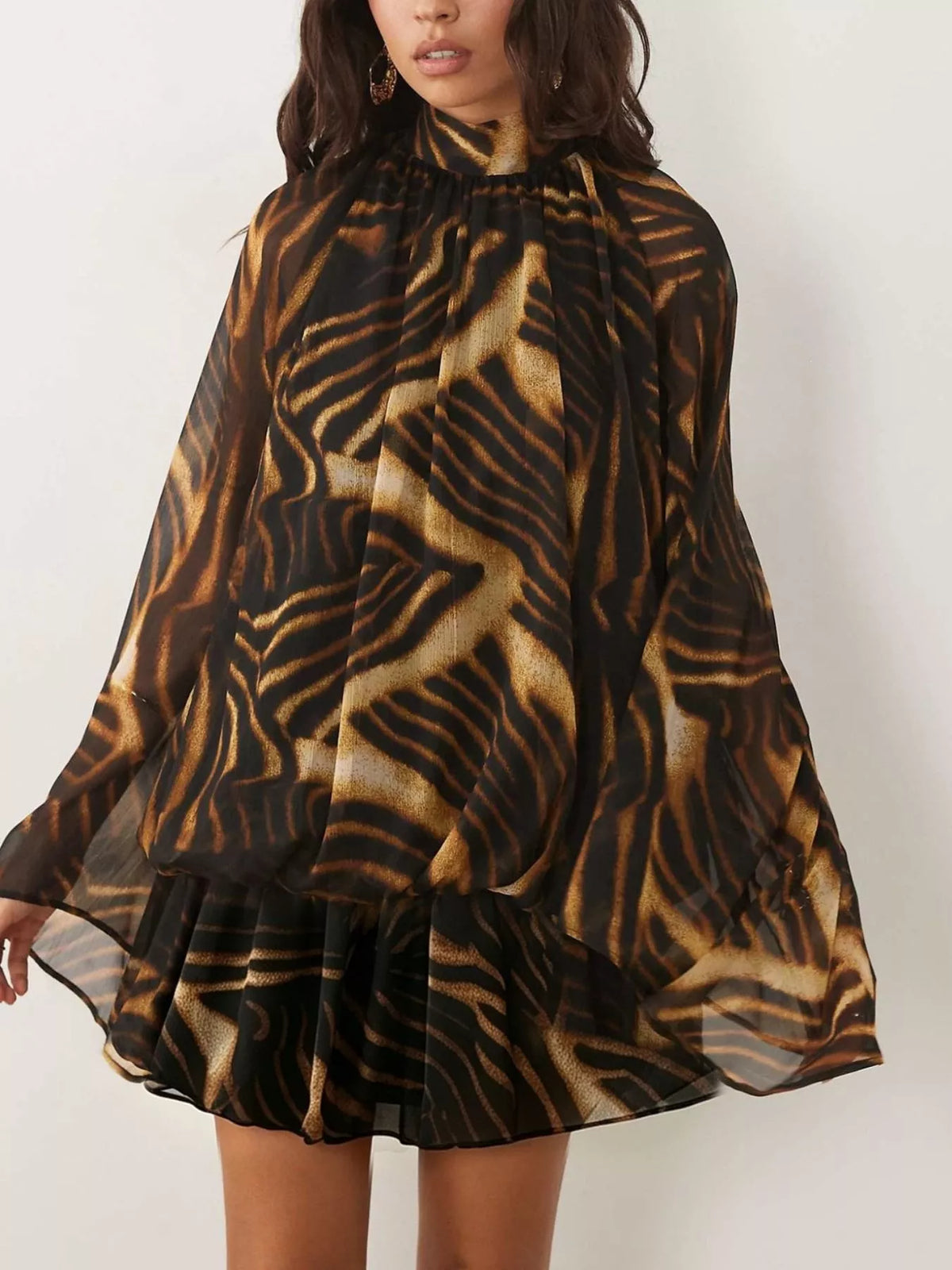 Tie-back flare-sleeve mini dress – zebra pattern