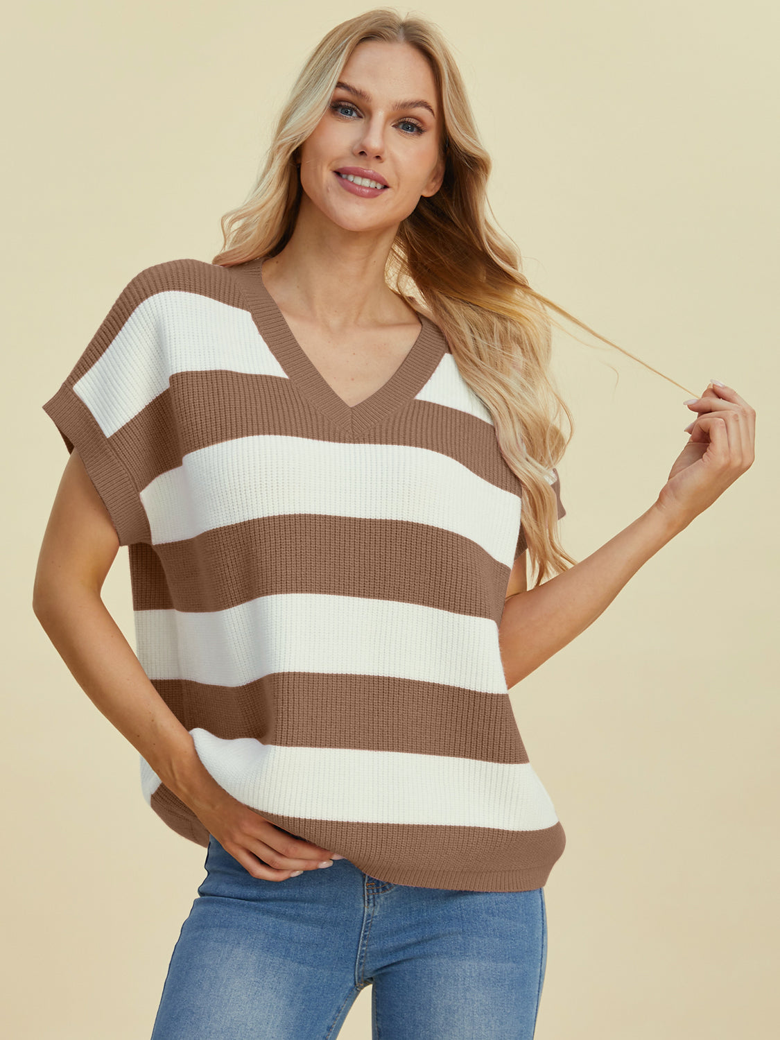Striped V-neck short sleeve sweater