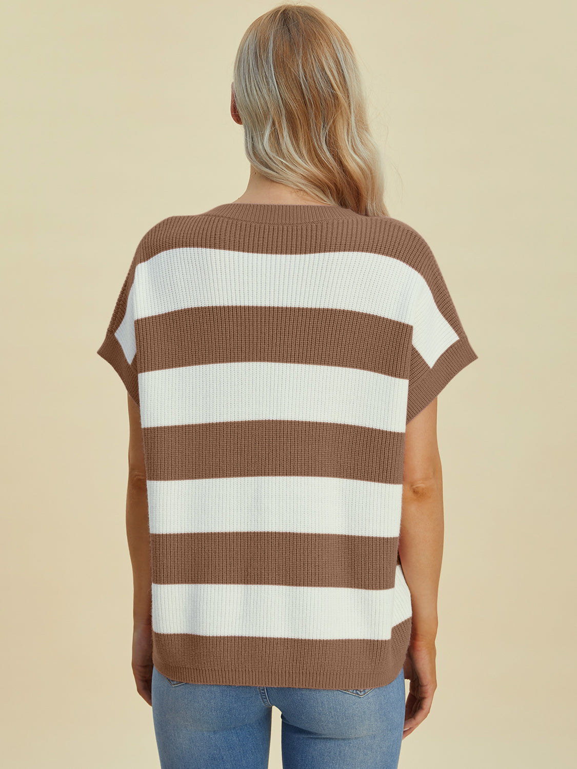 Striped V-neck short sleeve sweater