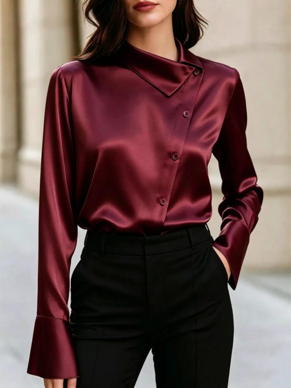 Asymmetric-collar satin blouse – burgundy