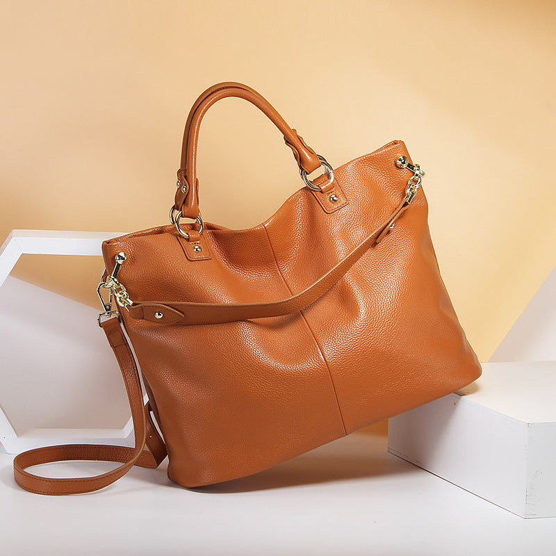 Slouchy leather top handle tote, Cognac, angled view