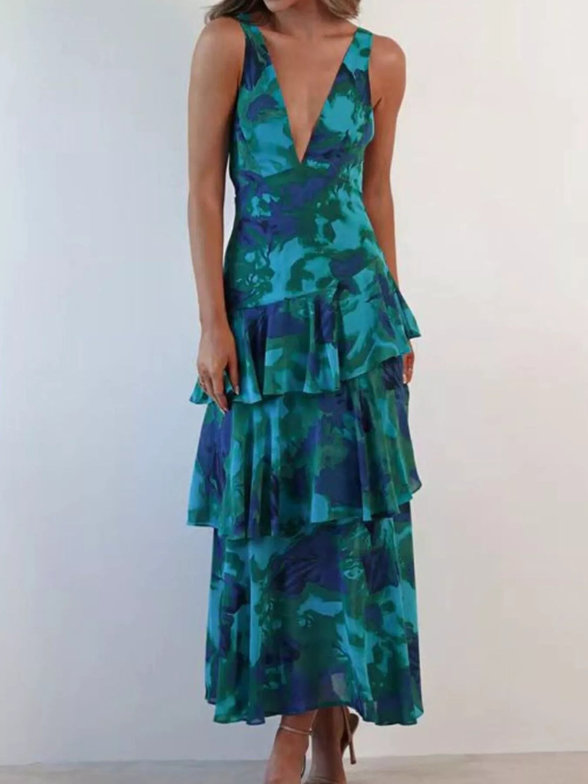 V-neck sleeveless floral print layered ruffle maxi dress, Turquoise