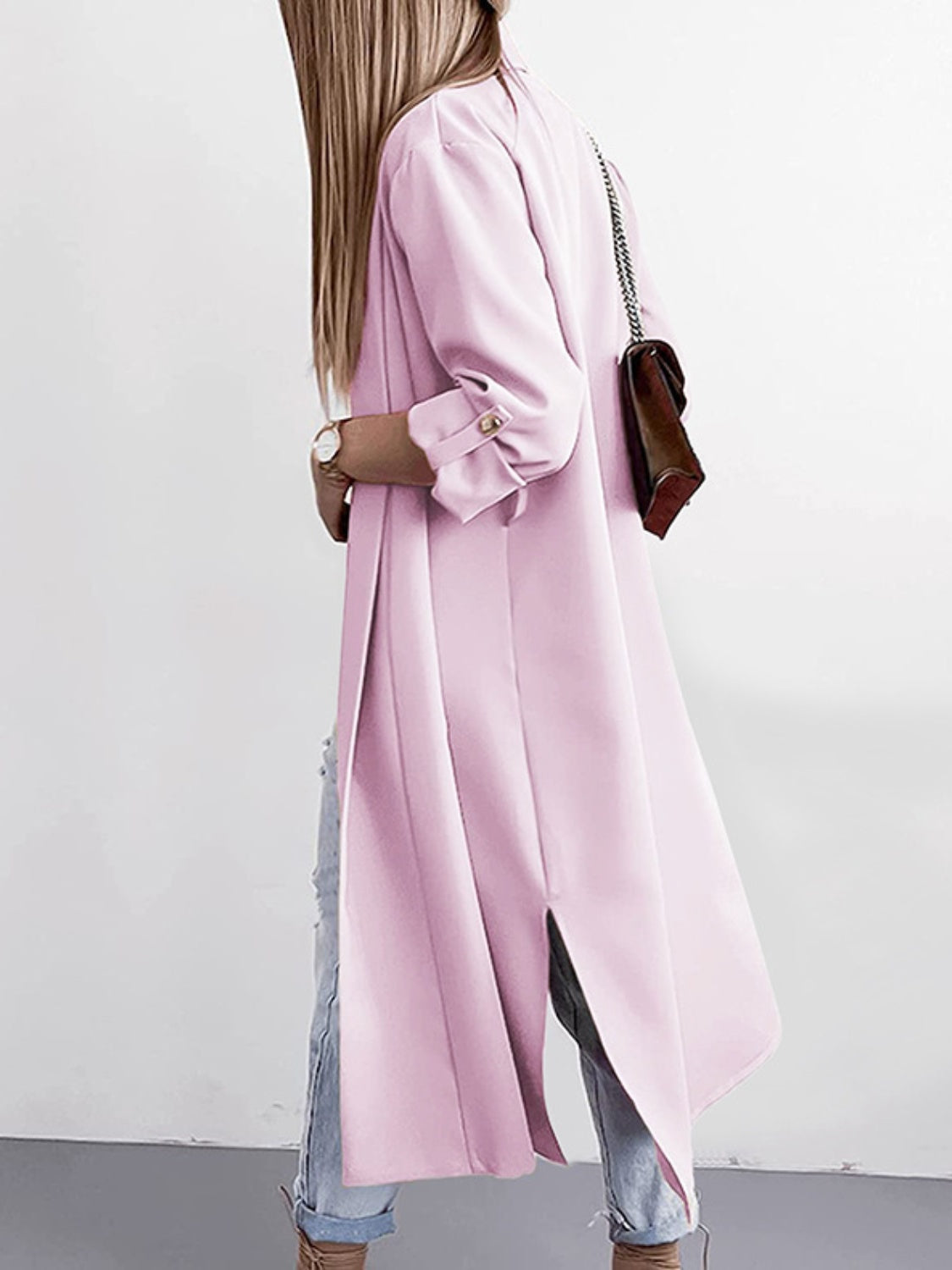 Slit open front roll-tab sleeve trench coat