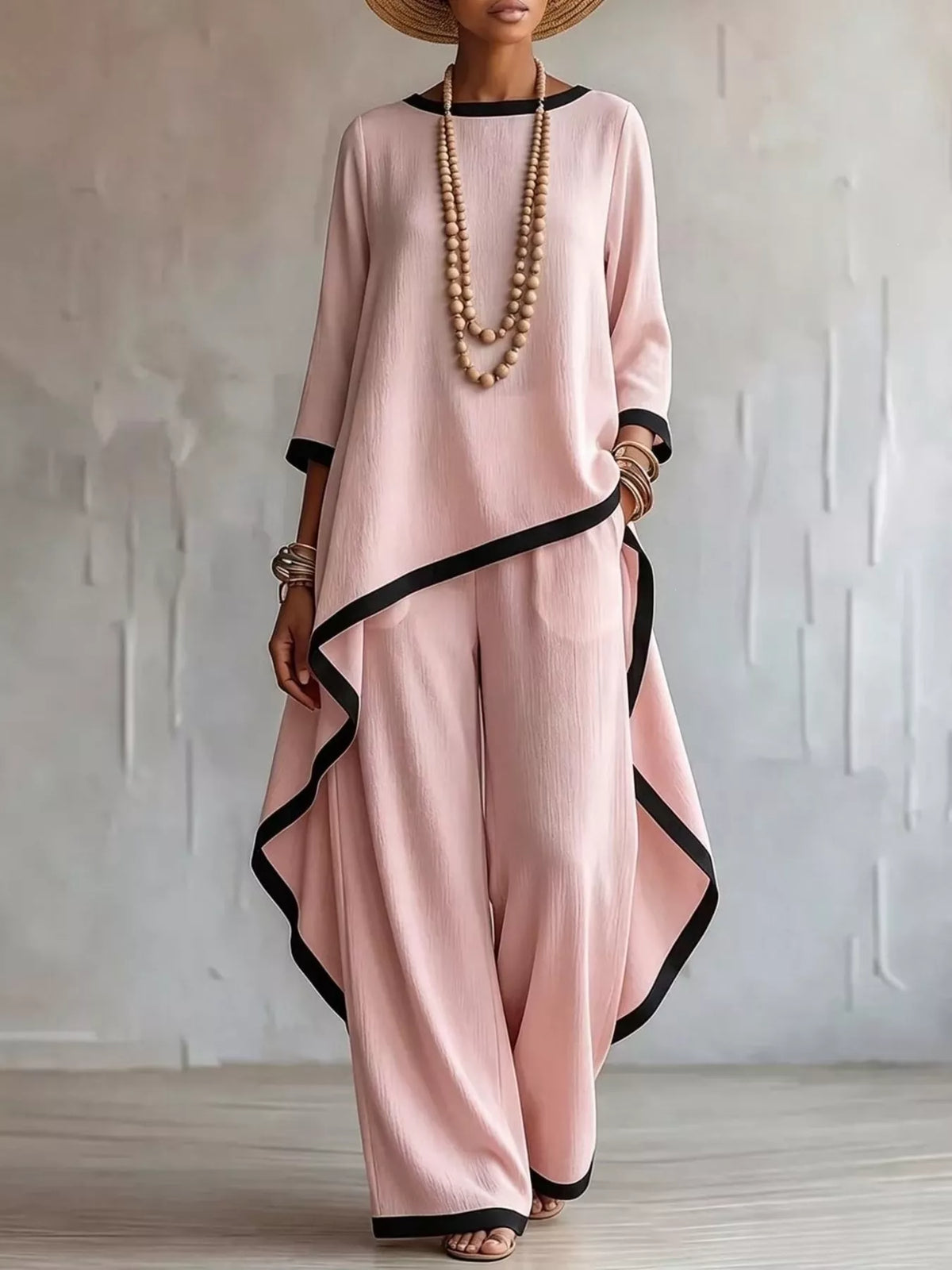 Contrast trim high-low top and pants set, Pink