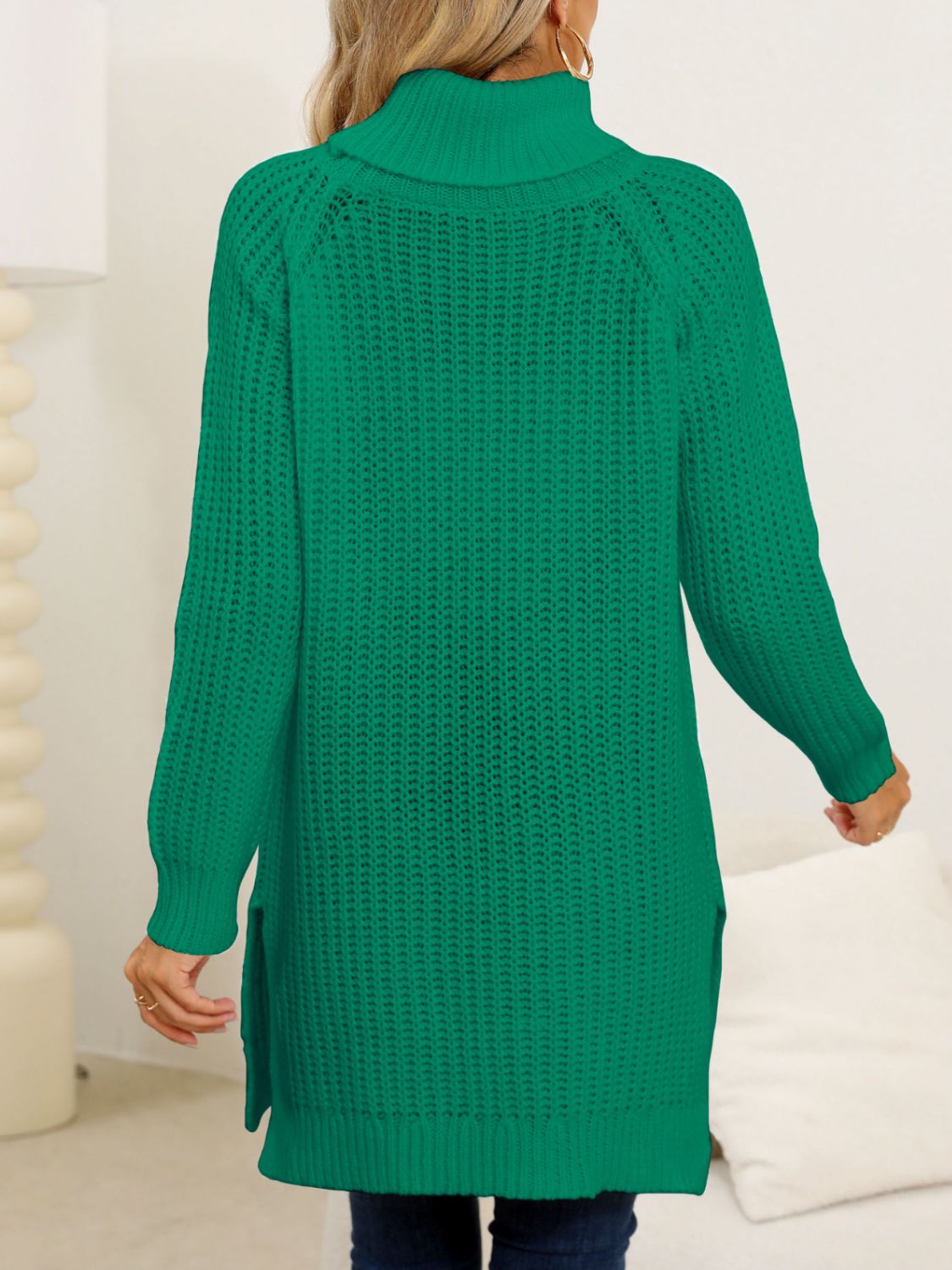 Slit turtleneck long sleeve sweater