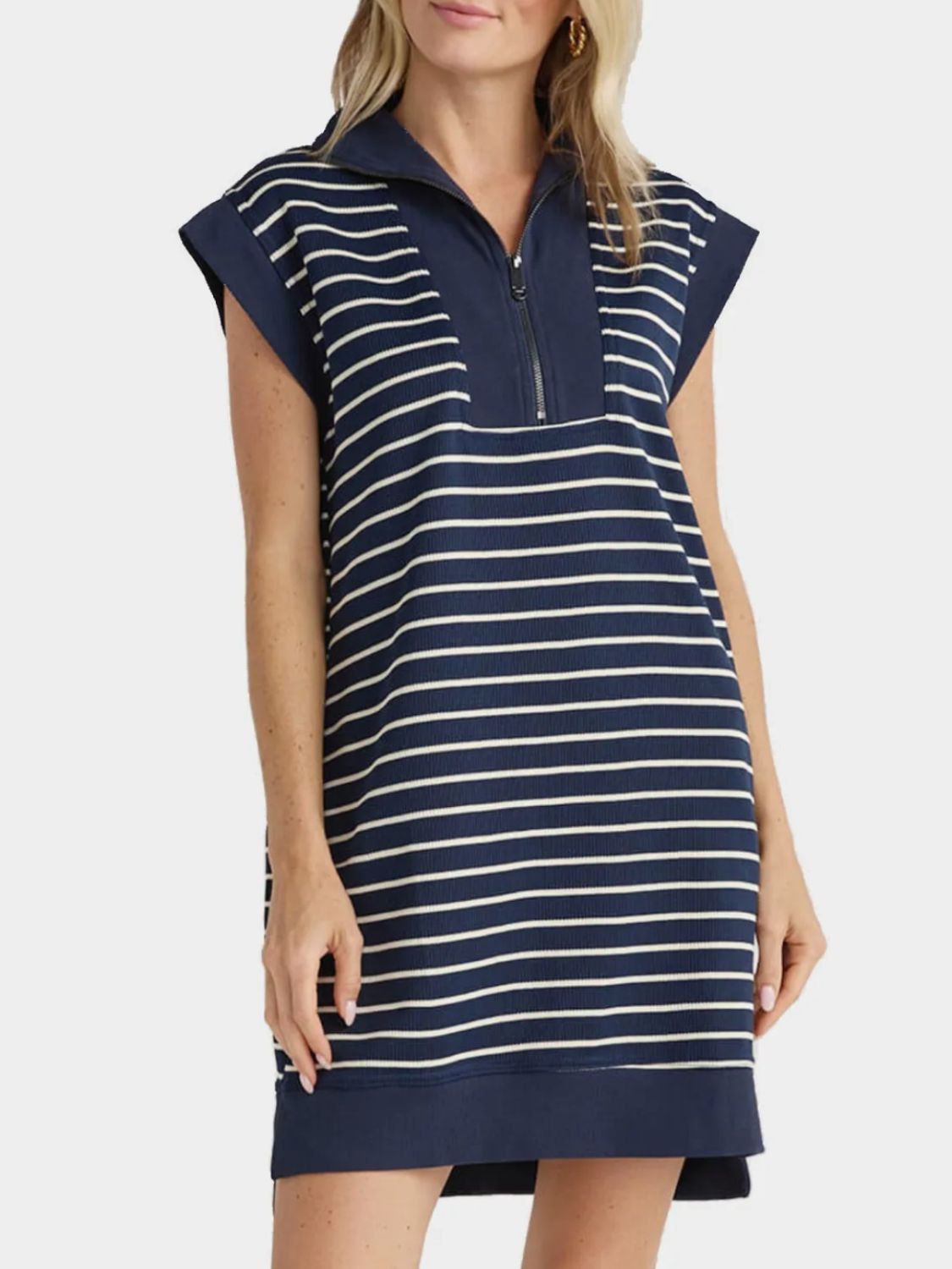 Full Size Pocketed Striped Quarter Zip Cap Sleeve Dress