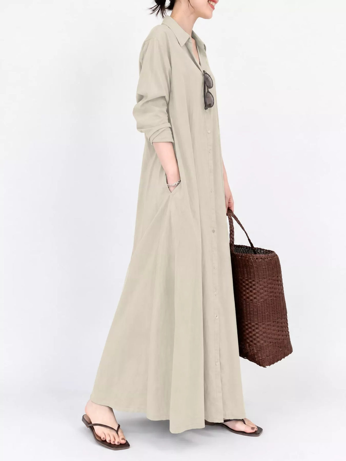 Button front long sleeve maxi shirt dress