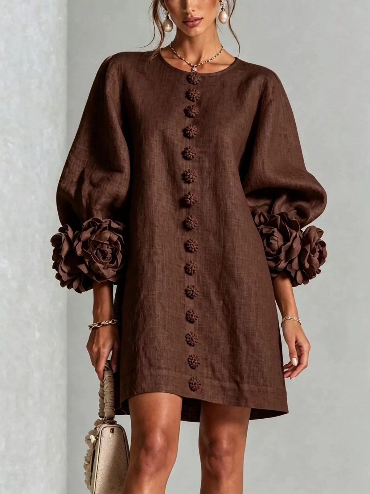 3D floral-sleeve dress – brown