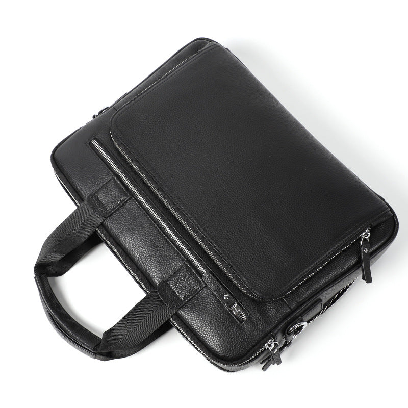 Leather laptop briefcase, Black, top angle