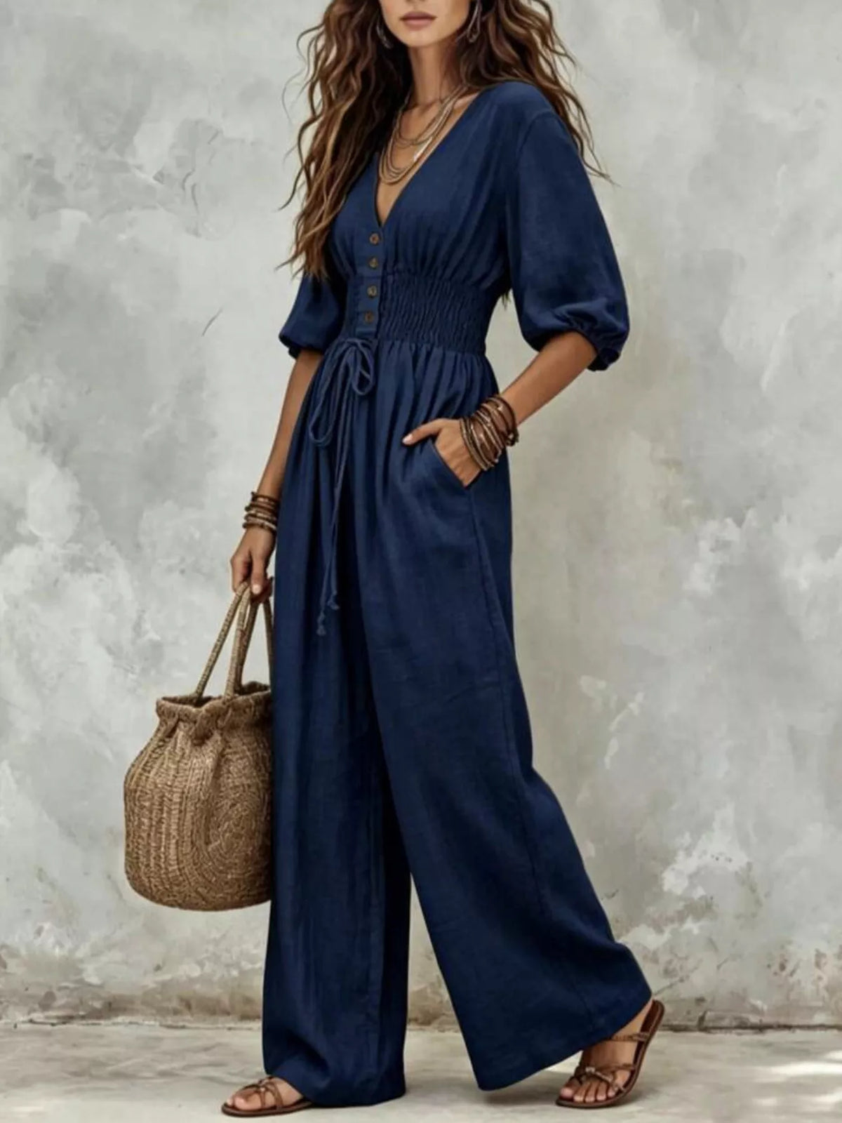 Smocked-waist wide-leg jumpsuit
