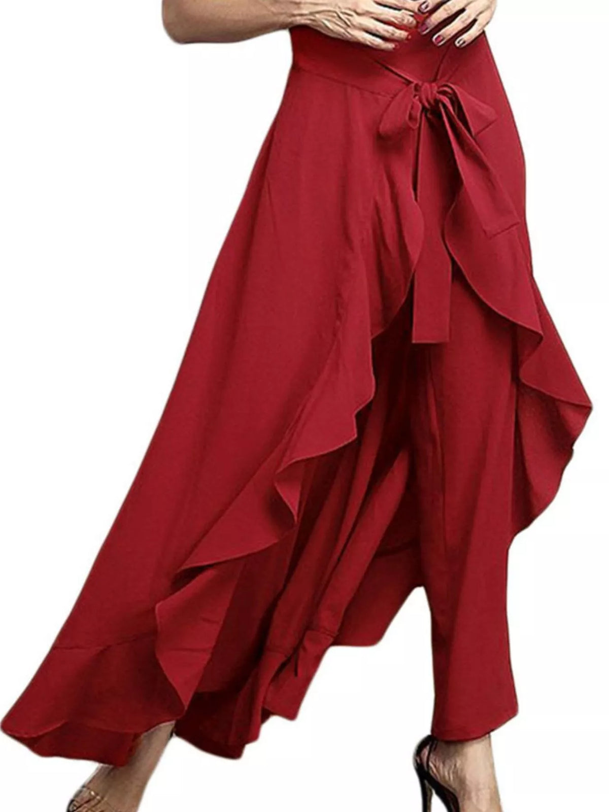 High-waisted tie-front ruffled wide-leg pants, Red