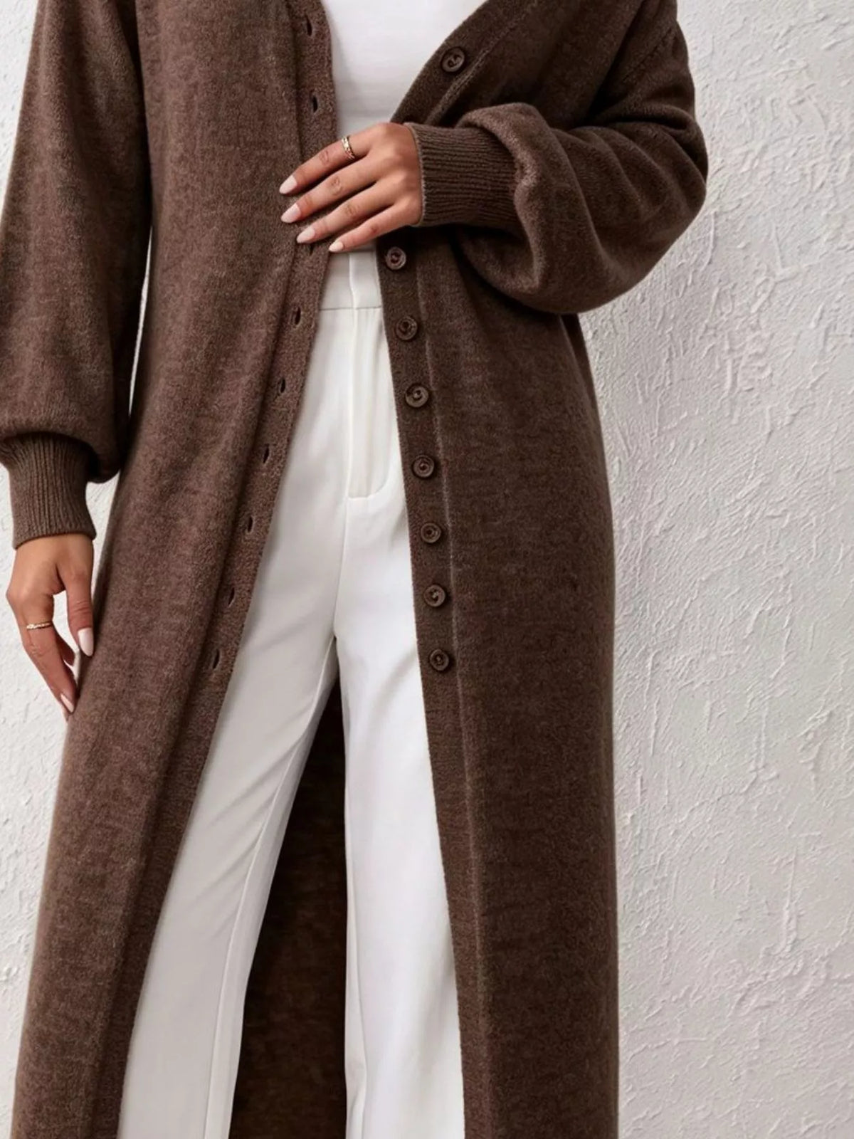 Elegant longline button-front cardigan with lantern sleeves