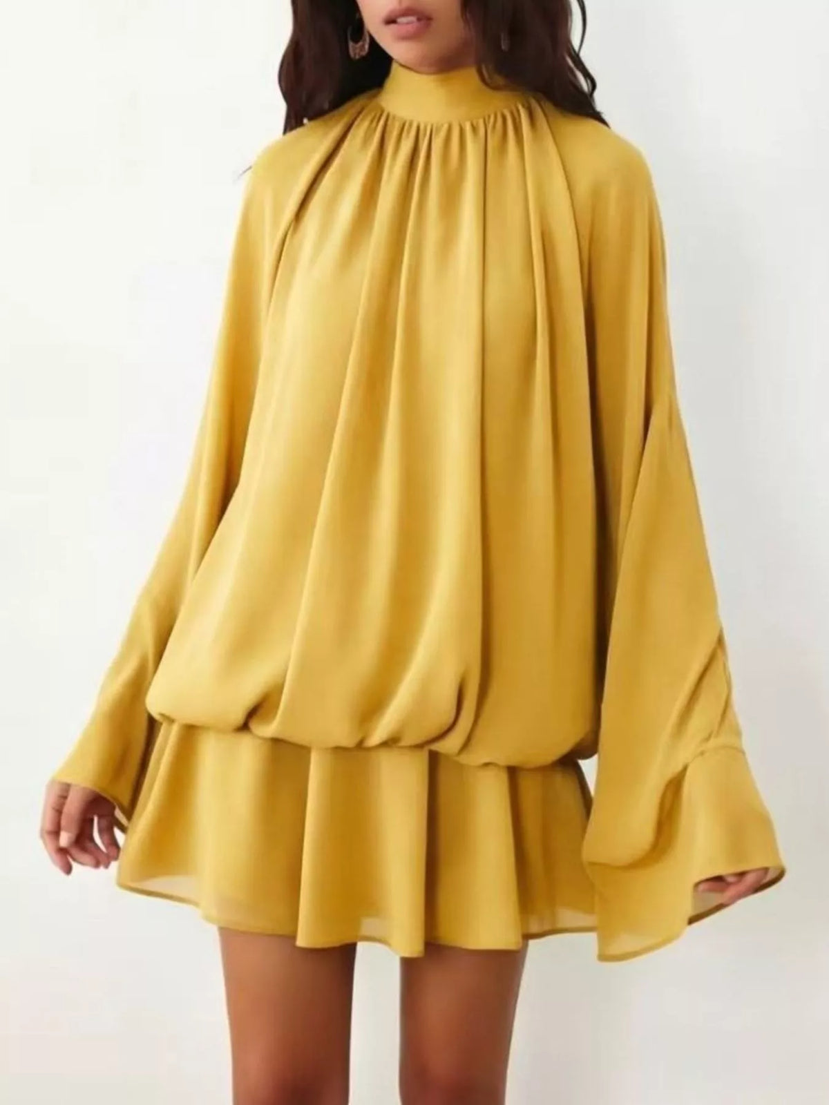 Tie-back flare-sleeve mini dress – yellow