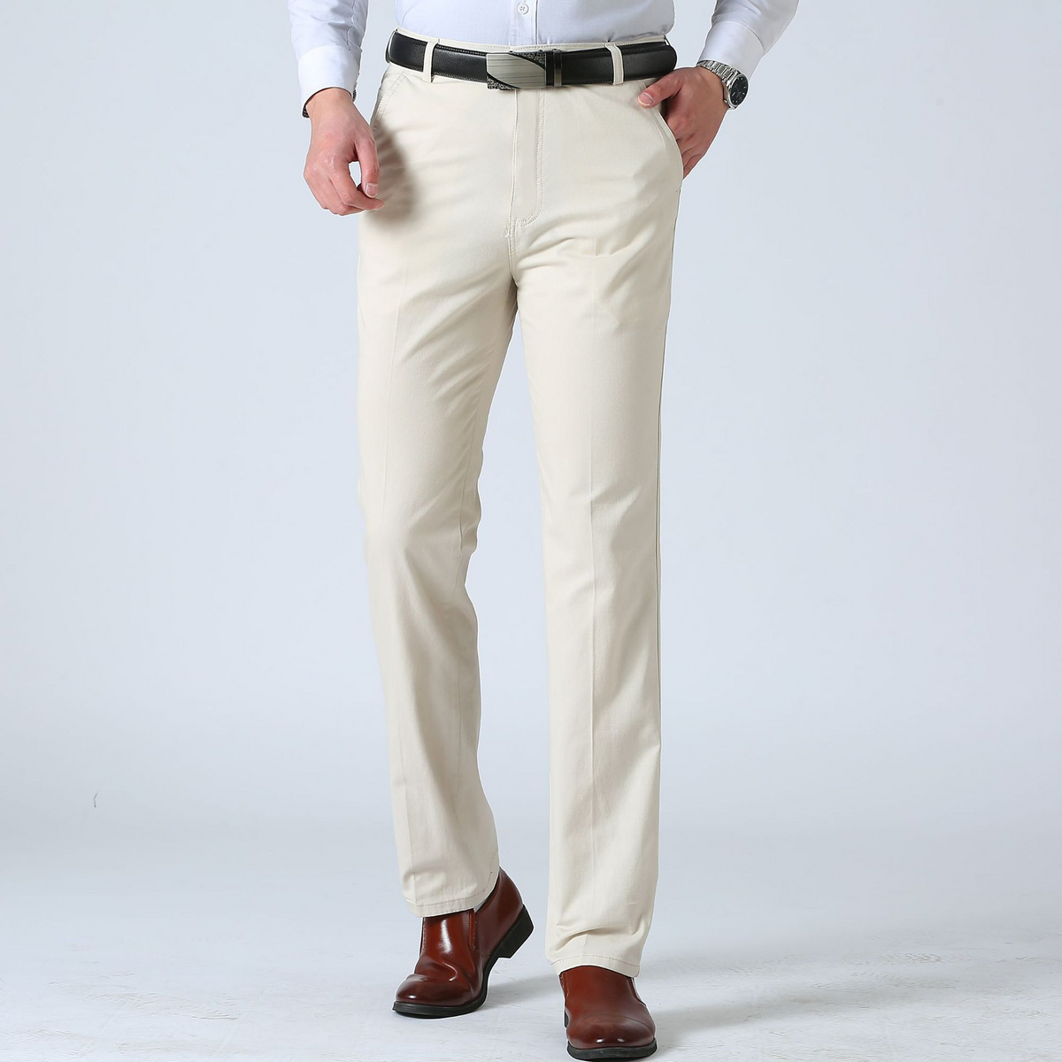 Flat front straight trousers, Cream, front