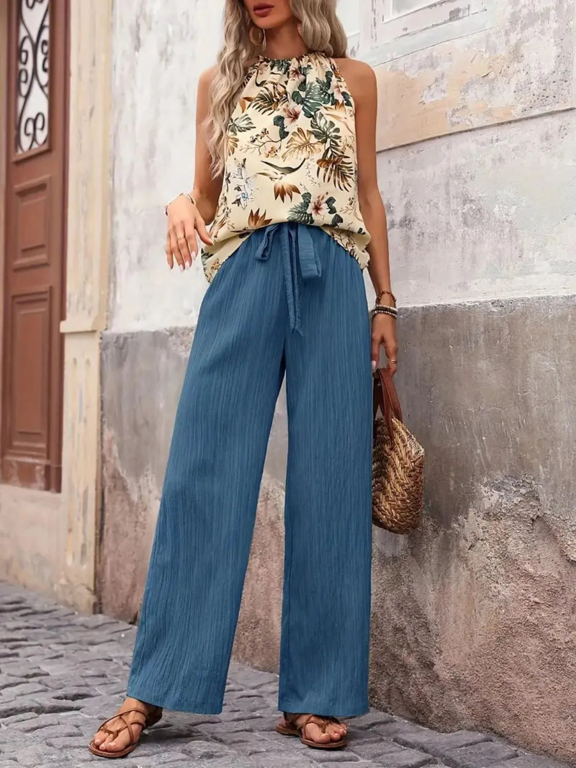 Printed tank top and wide leg pants set, Cerulean