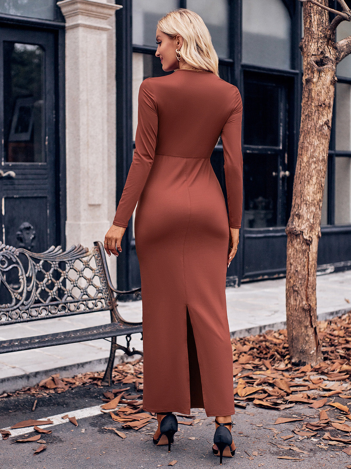 Slit Twisted Surplice Long Sleeve Dress