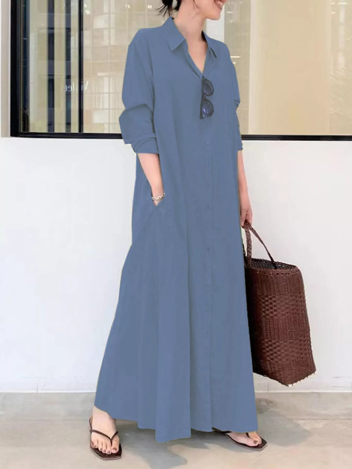 Button front long sleeve maxi shirt dress, Royal Blue