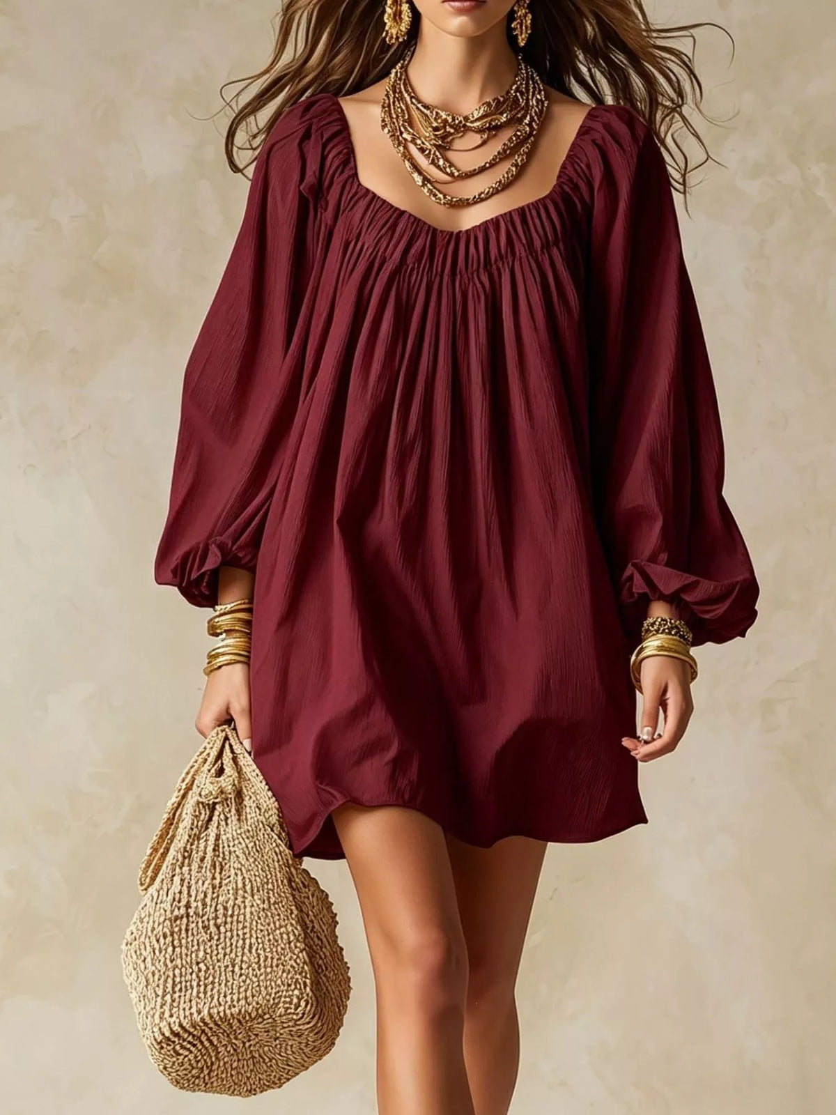 Balloon-sleeve mini dress – burgundy