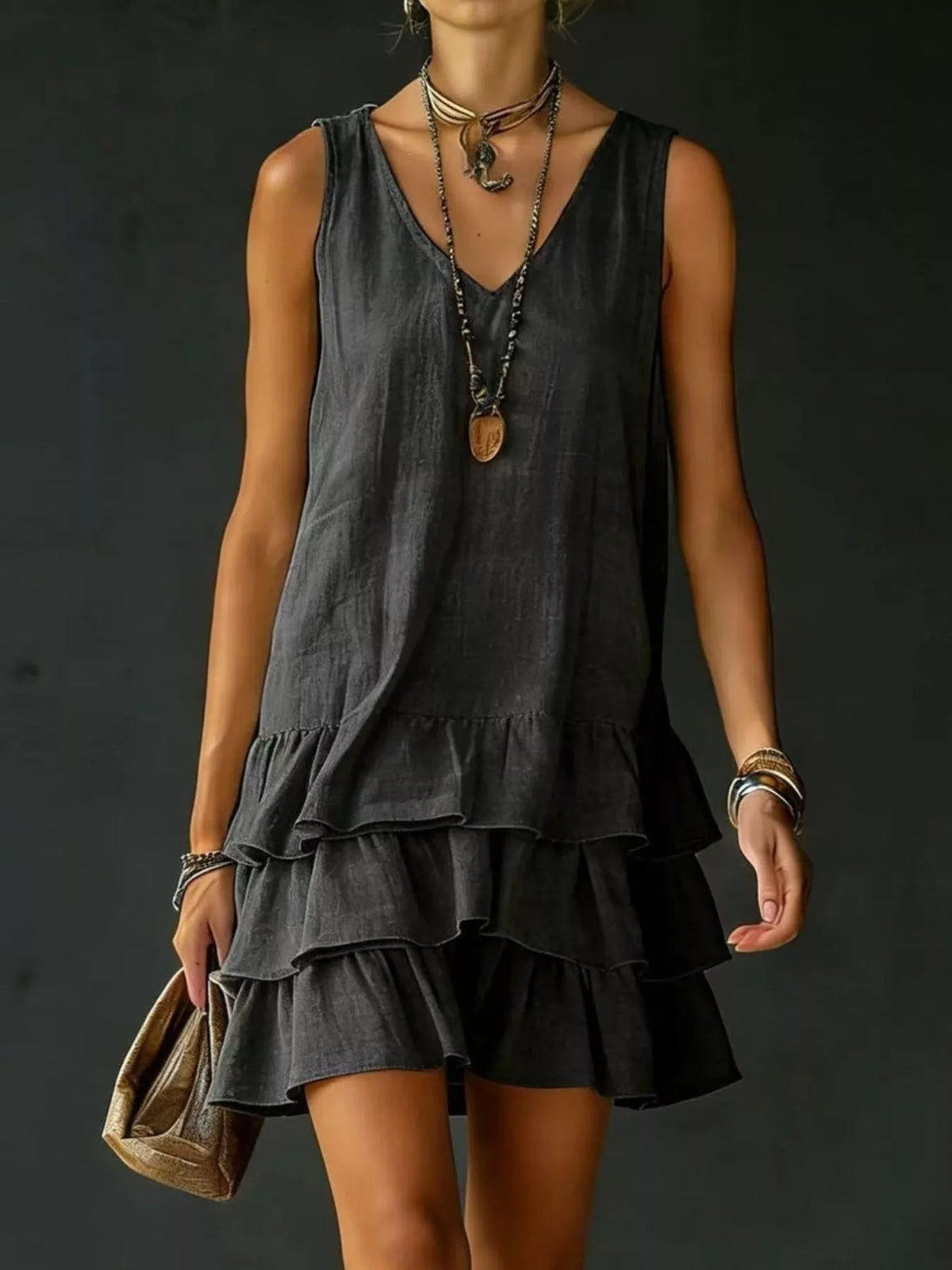 Ruffle-hem sleeveless dress – black