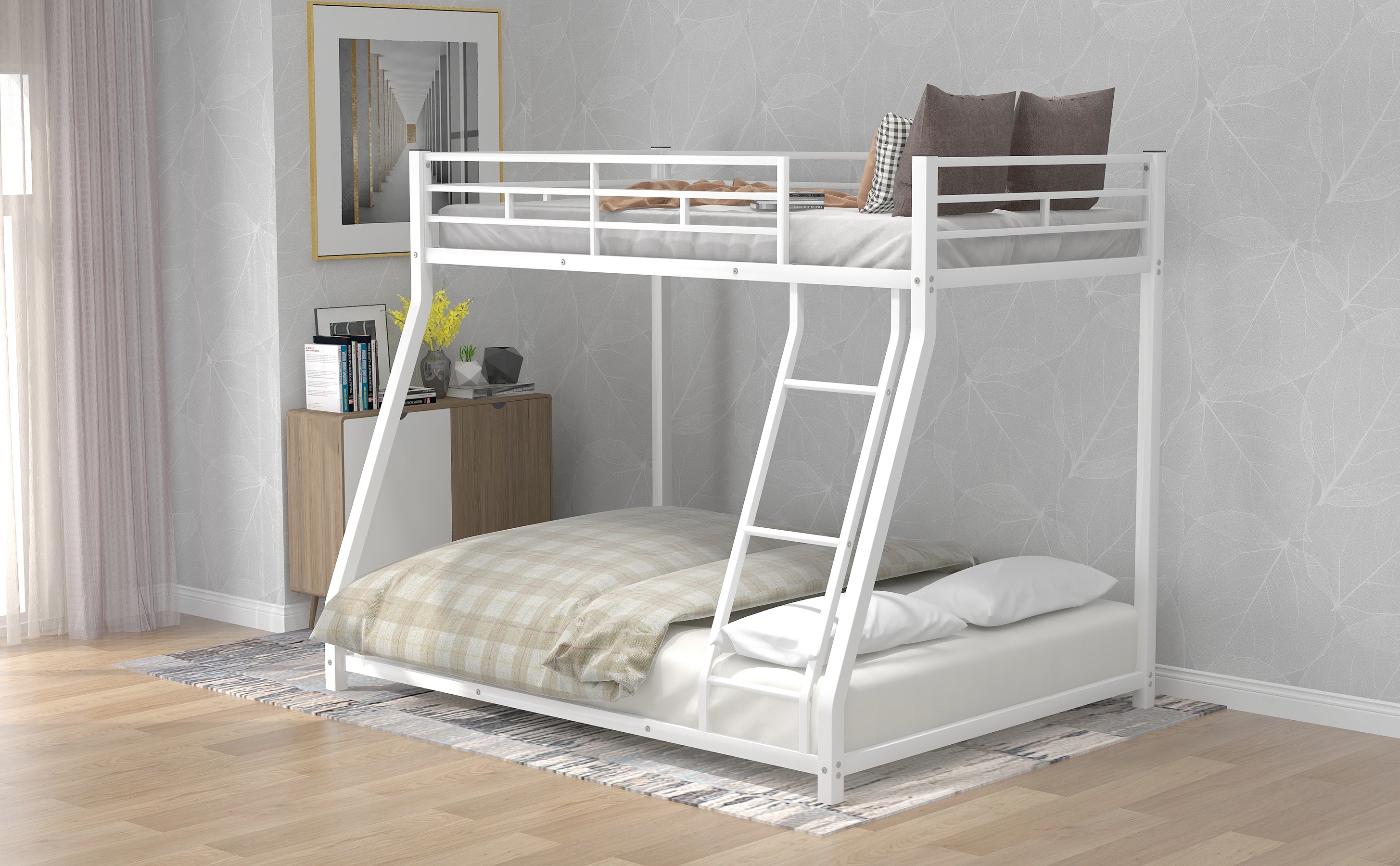 Metal Floor Bunk Bed  Twin over Full White