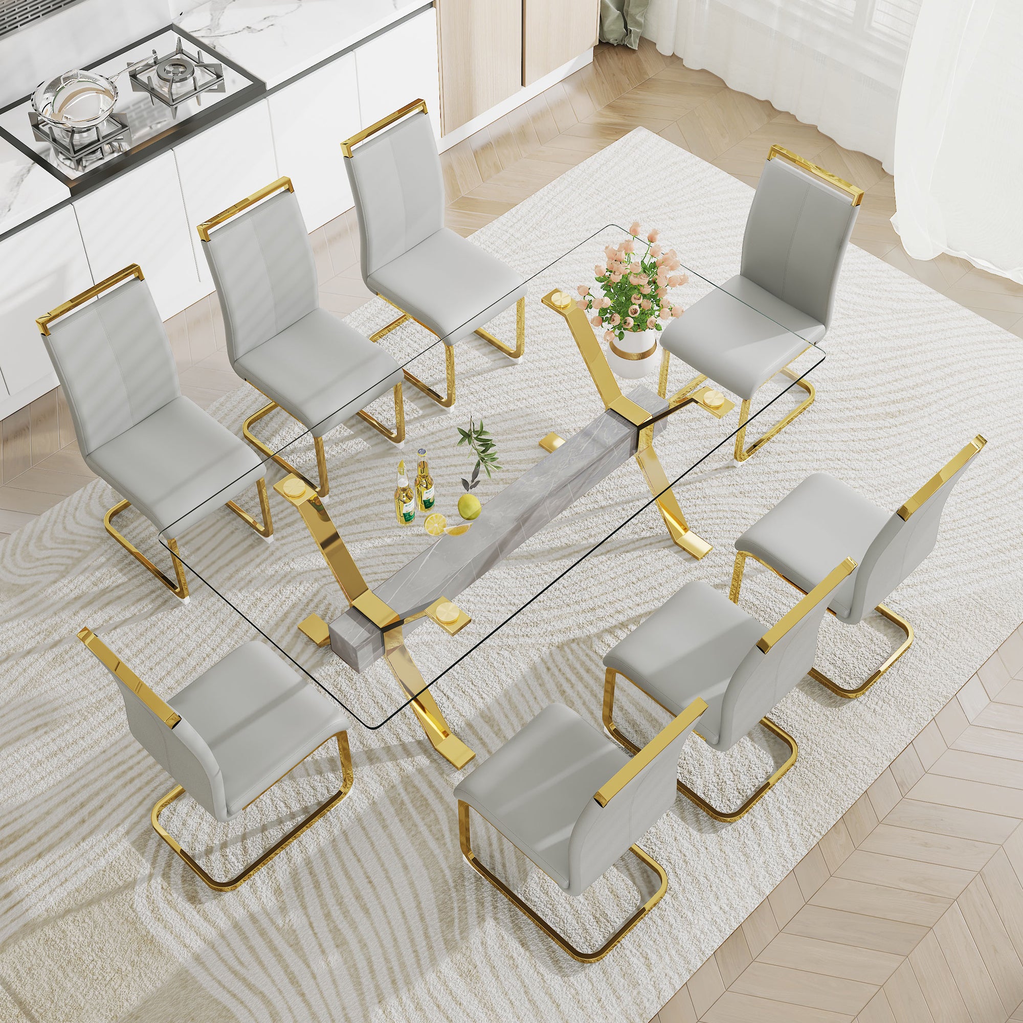 Dining table Modern tempered glass dining table Large modern office desk with gold plated metal legs and MDF crossbars