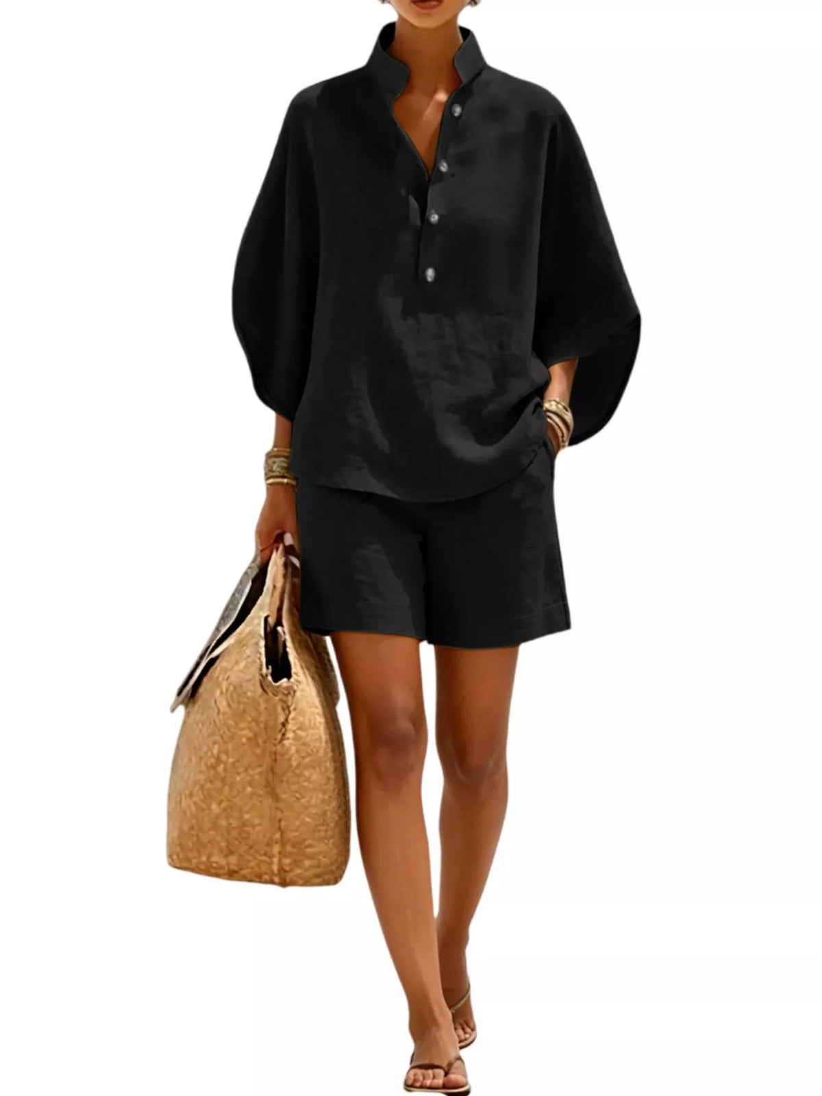 Button detail loose fit top and shorts set, Black