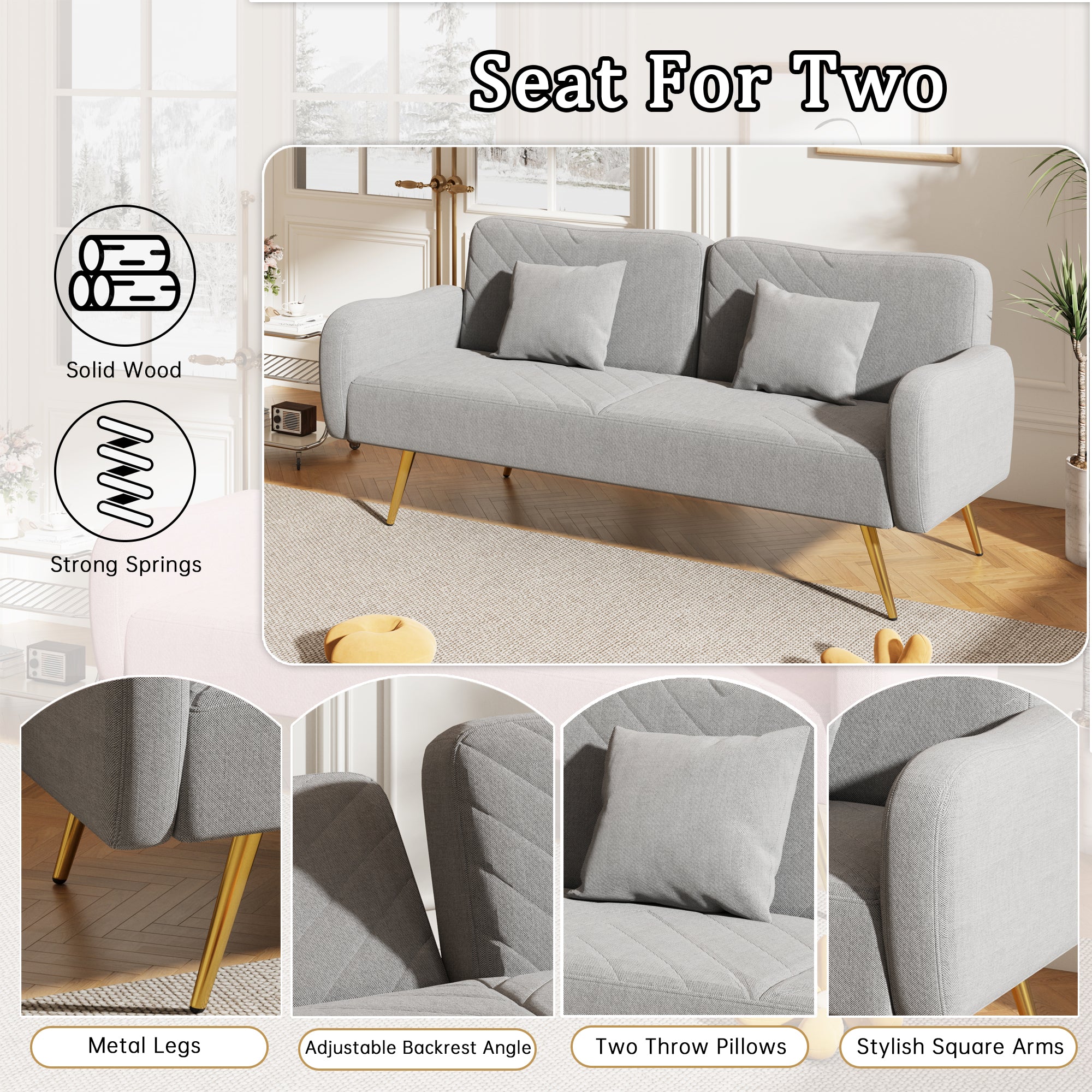 70.47" Gray Fabric Double Sofa with Split Backrest and Two Throw Pillows