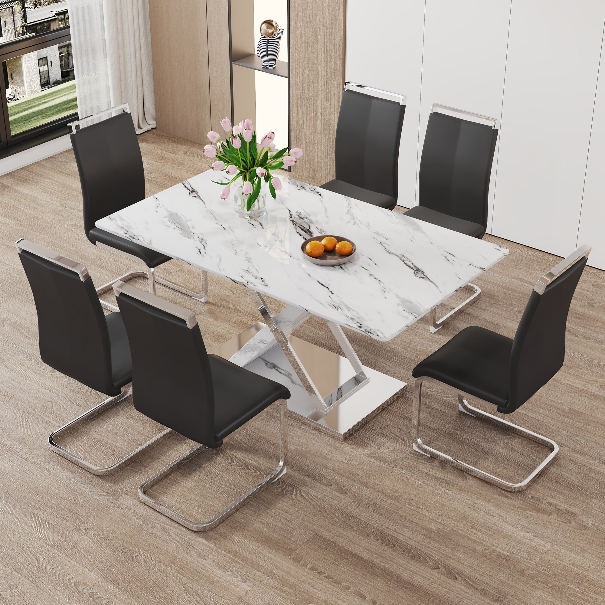 Modern white rectangular marble textured glass dining table and office desk Equipped with stainless steel base