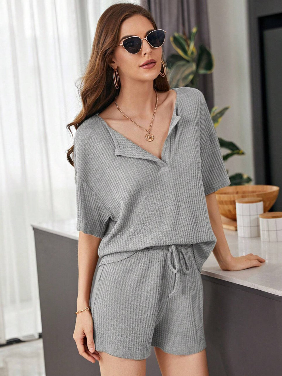 Waffle-knit dropped shoulder top and shorts set