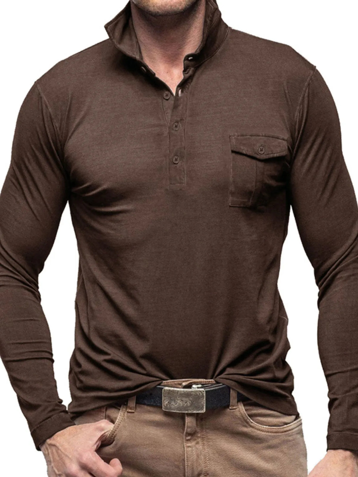 Basic style collared neck long sleeve polo, Chocolate