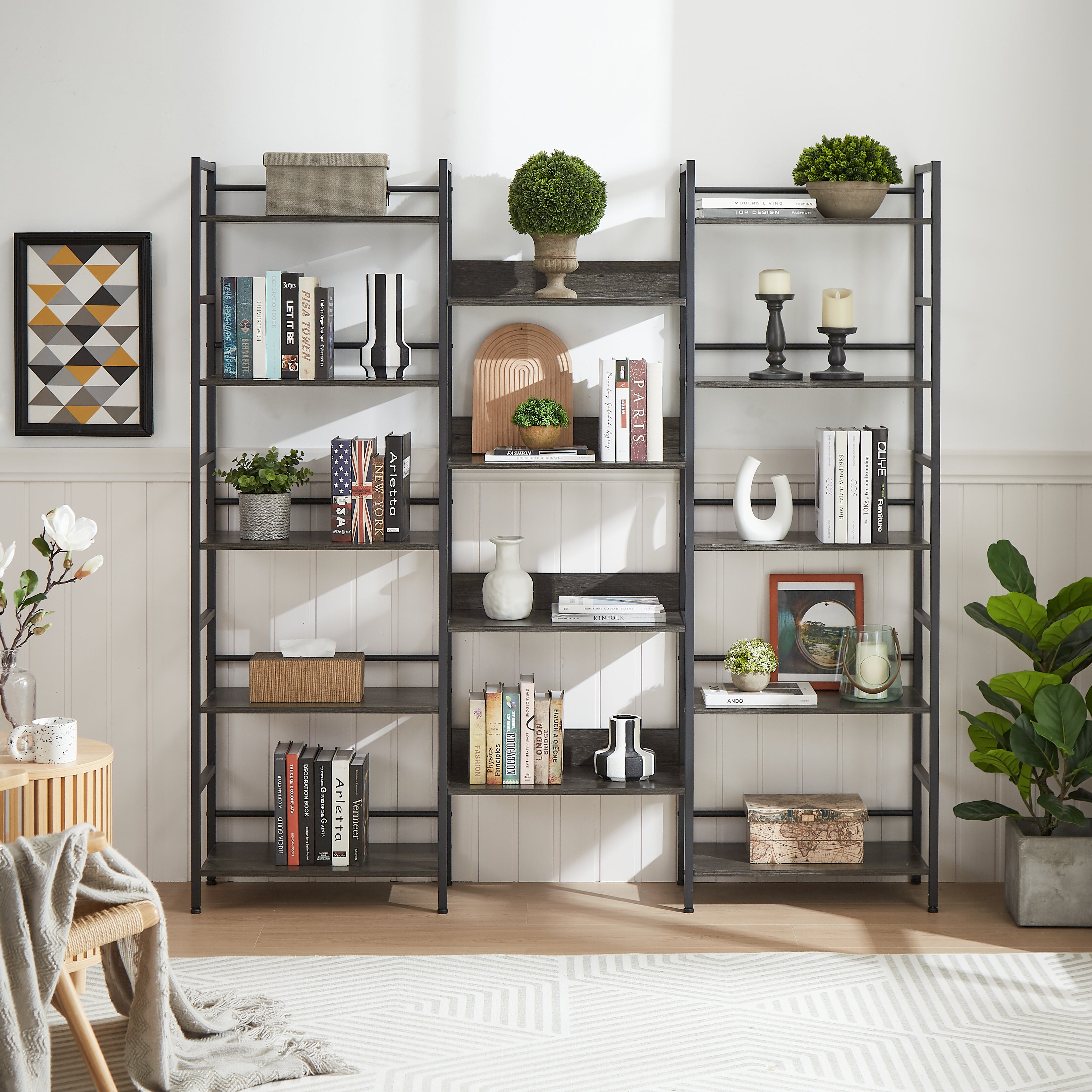 Triple Wide 5-shelf Bookshelves Industrial Retro Wooden Style Home and Office Large Open Bookshelves Dark Grey