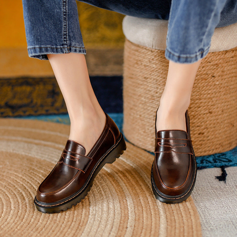 Lug sole penny loafers, Brown, on foot walking