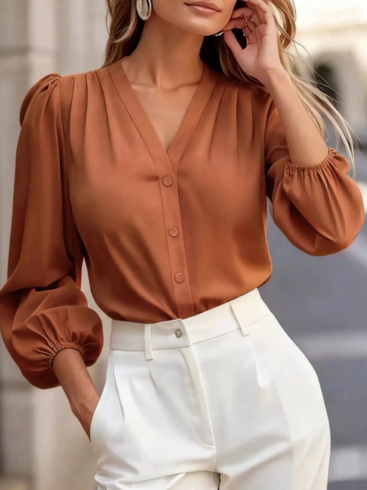Elegant V-neck puff sleeve button-down shirt