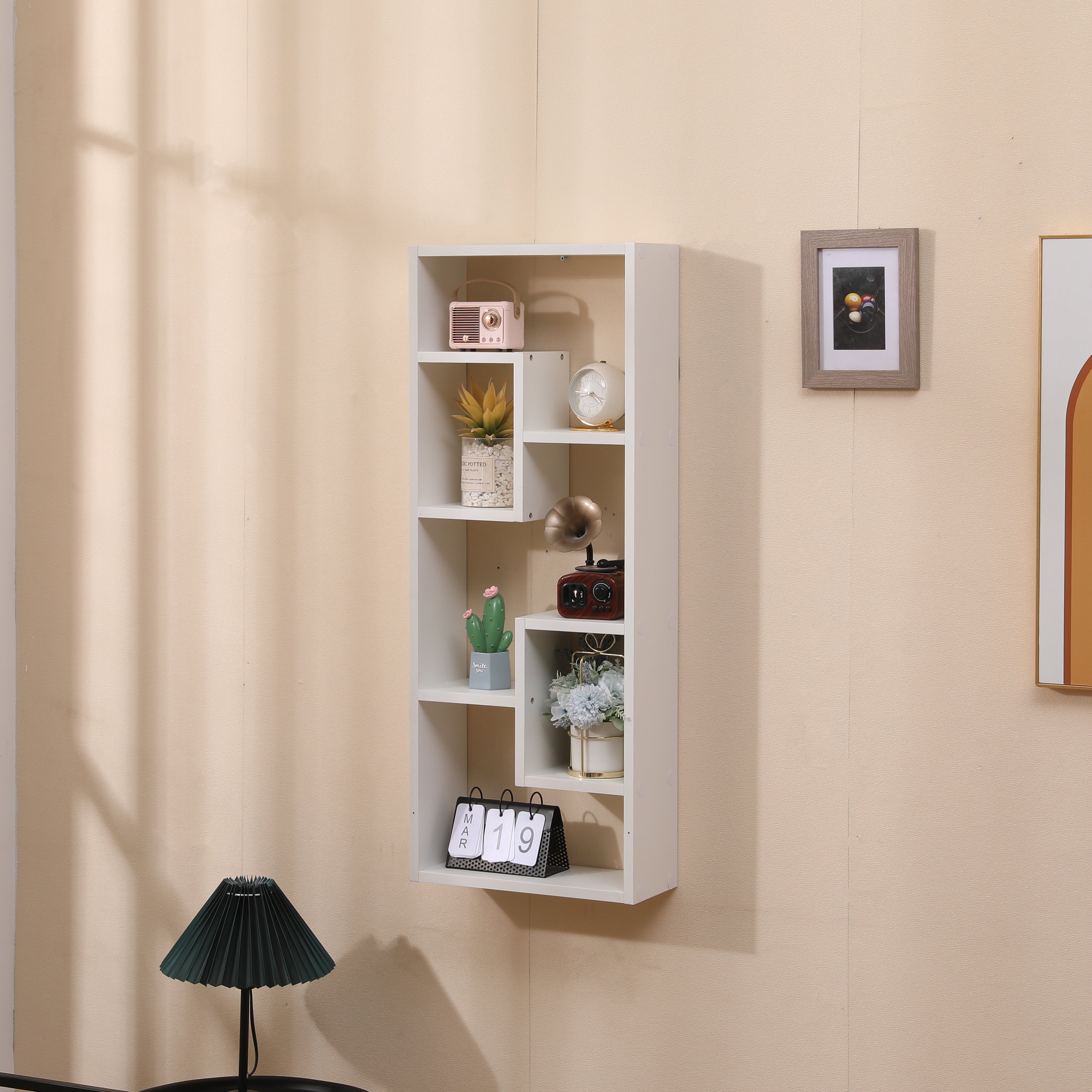 Bookshelf, Freestanding Wood Open Bookcase with 5 Cubes, with 2 keyhole hangers, Home Office Décor Rectangular Storage