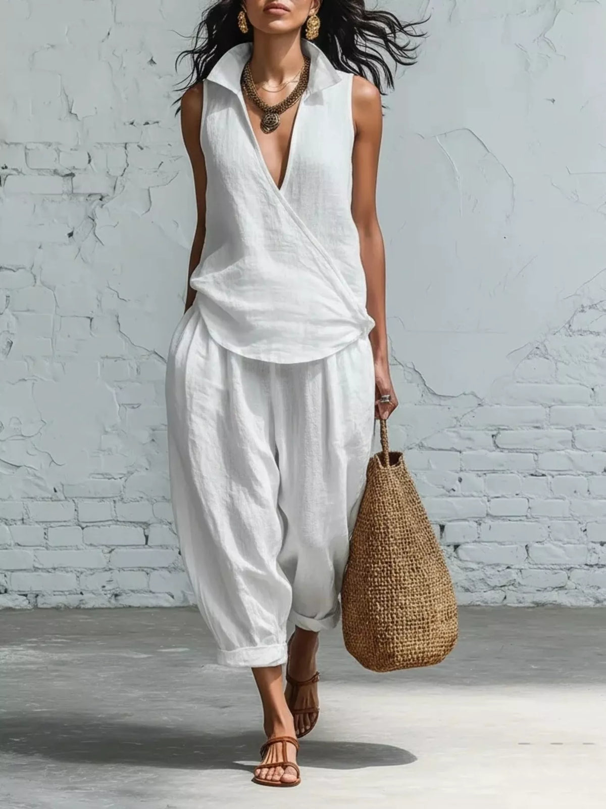 Sleeveless top and pants set – white