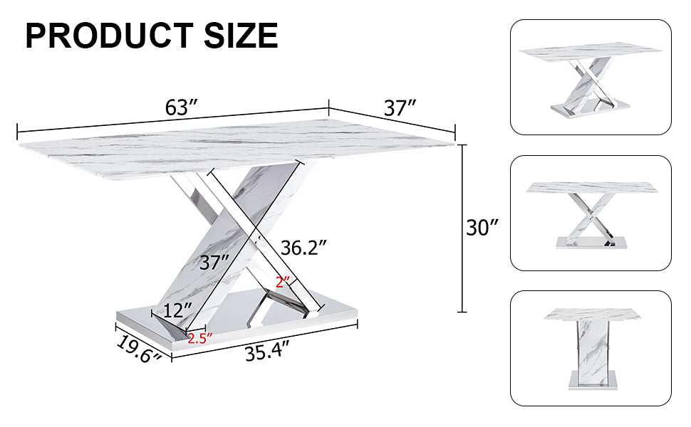 Modern white rectangular marble textured glass dining table and office desk Equipped with stainless steel base