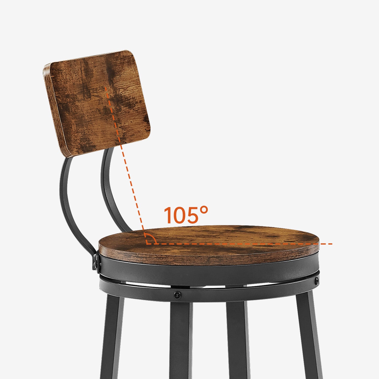 Rotating bar stool with backrest, industrial style, metal frame, 29.5 inches high rust brown, 13.4 '' long x 40.5 '' high.