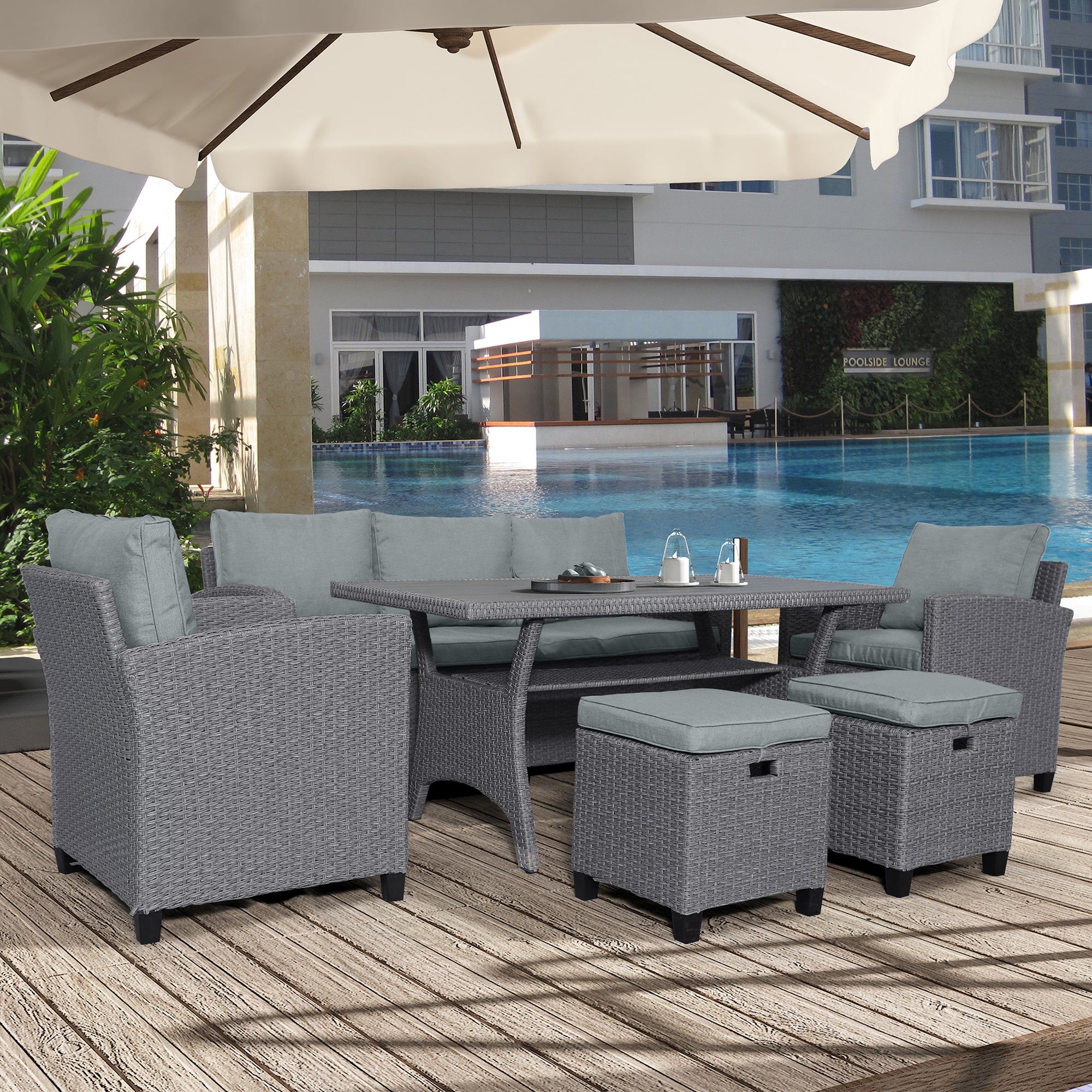 TOPMAX 6-piece outdoor rattan wicker set chair, stool, and table (gray rattan+gray mat)