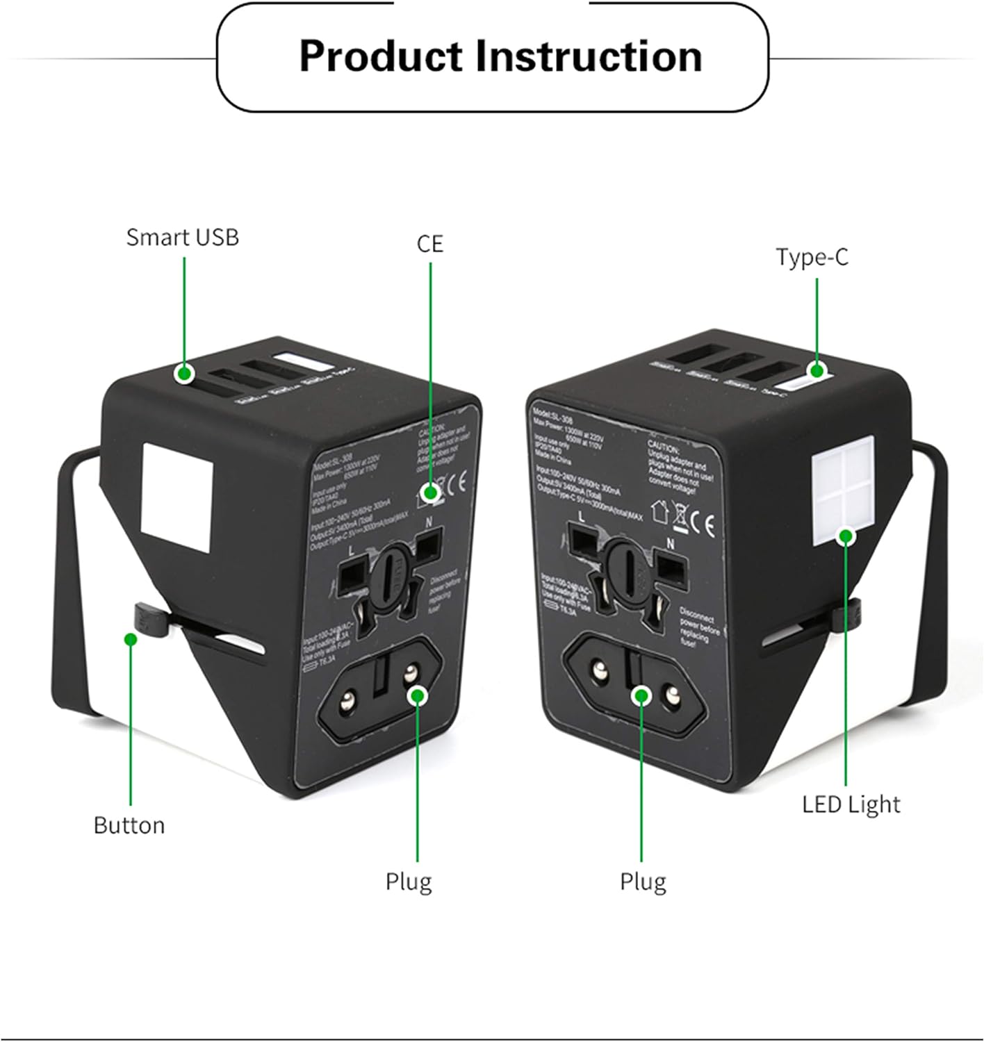 3 USB + 1 Typc C International Power Adapter for Europe, UK, China, Australia, Japan and More 200 Countries (Black White)