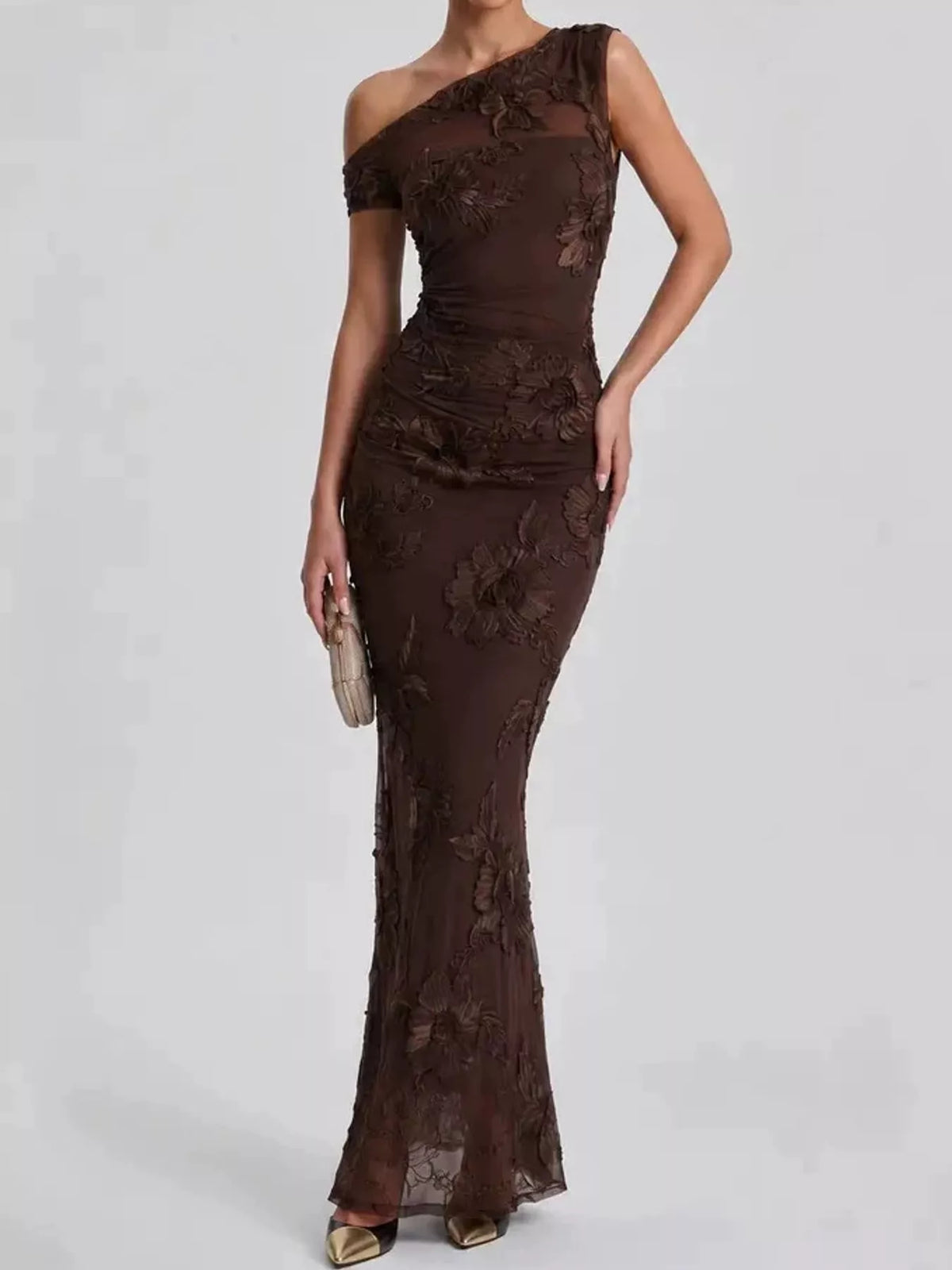 One-shoulder floral embroidered maxi dress