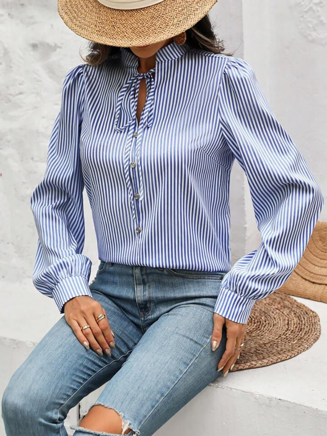 Striped tie neck blouse