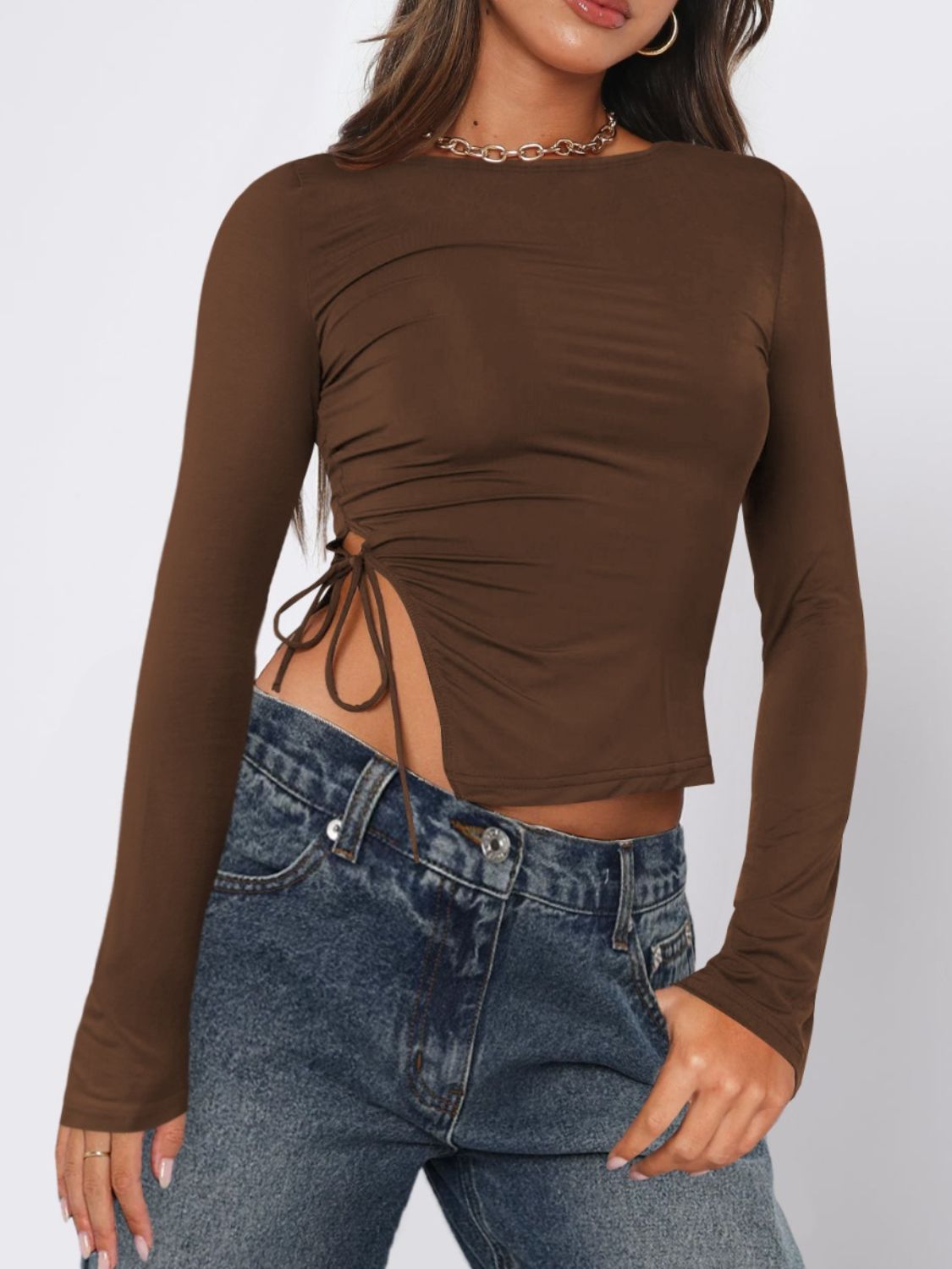 Tie-hem long-sleeve tee, Chocolate