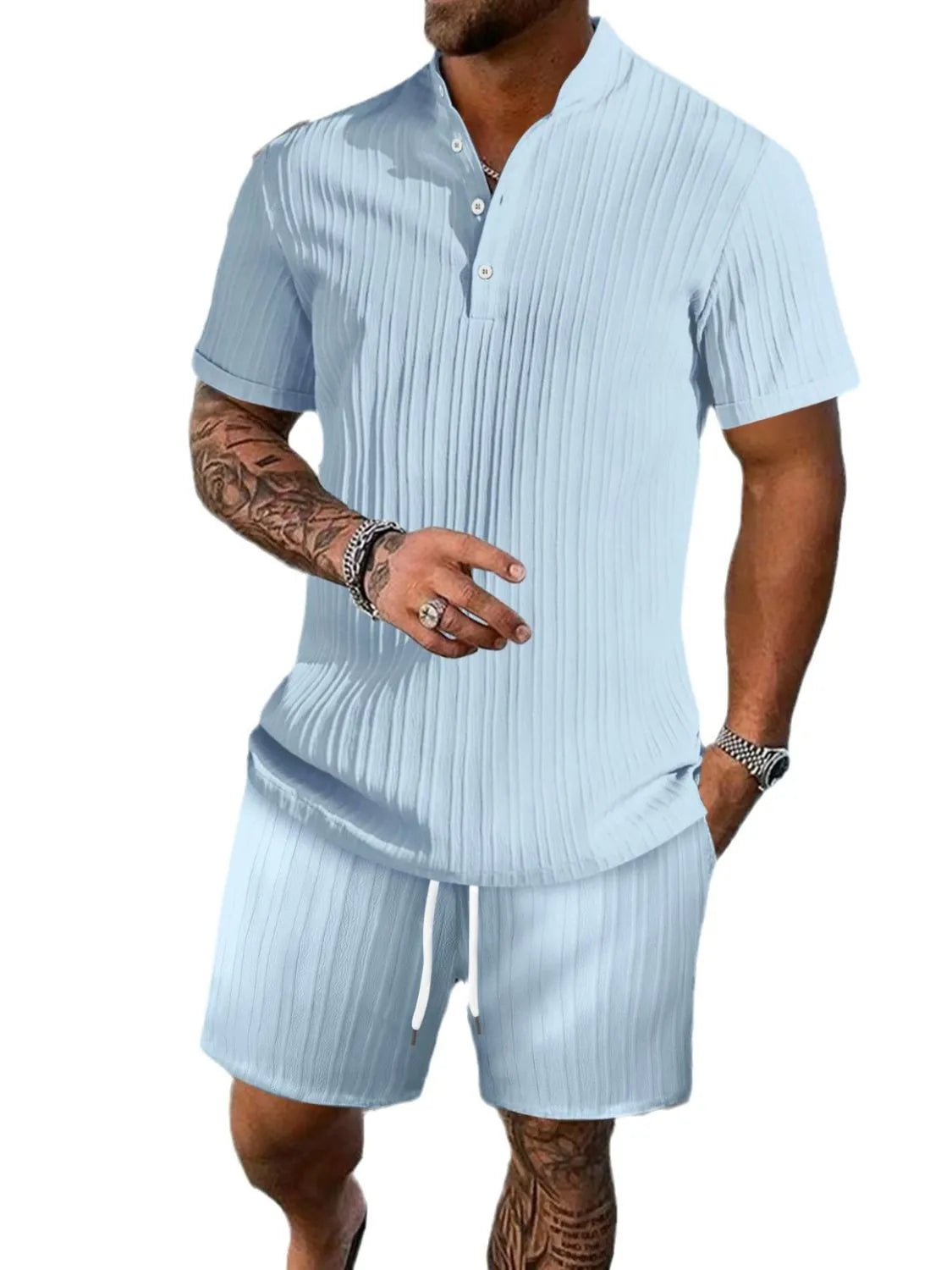 Button-trim top and shorts set
