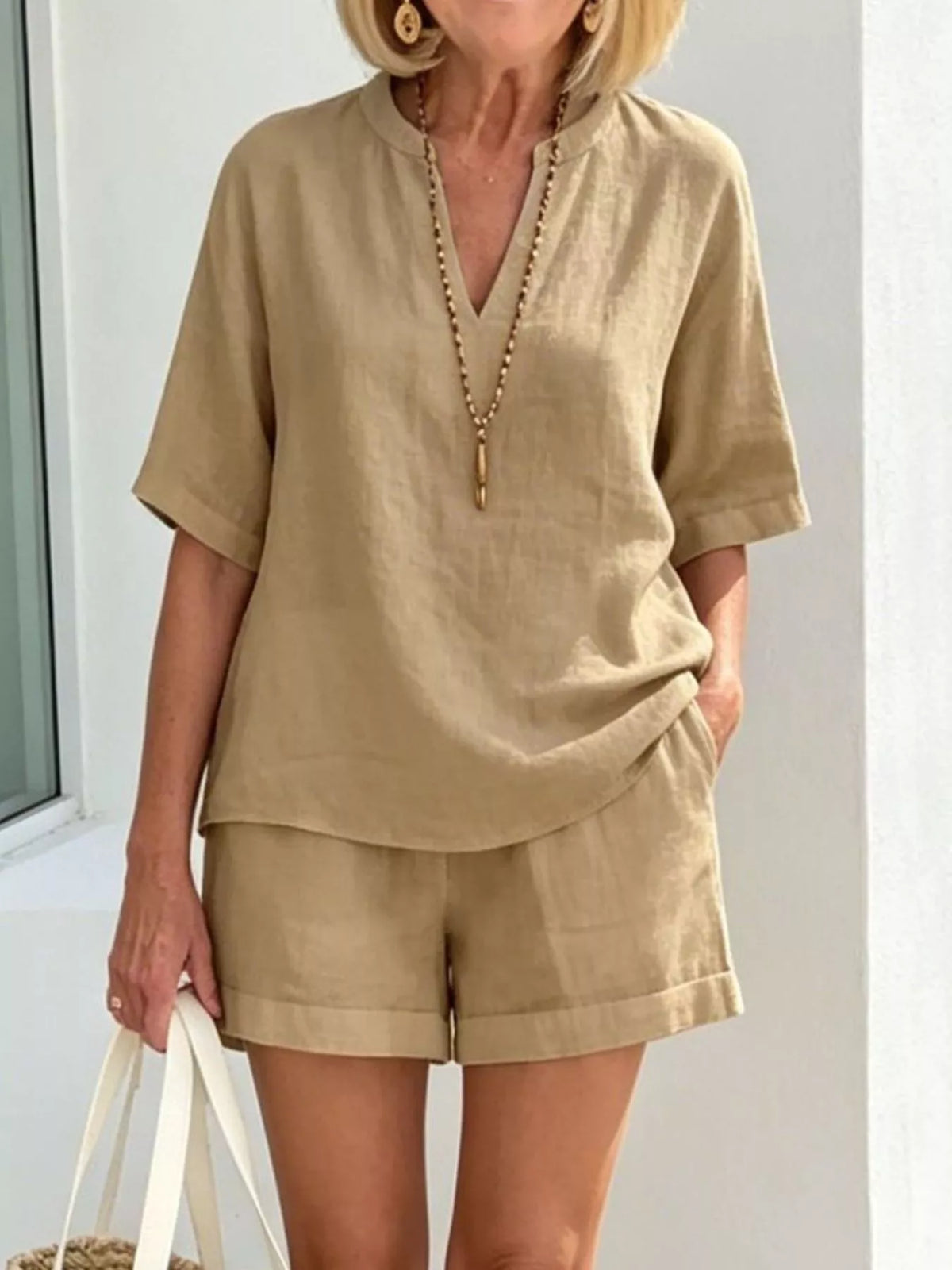 Half-sleeve top and shorts set – khaki